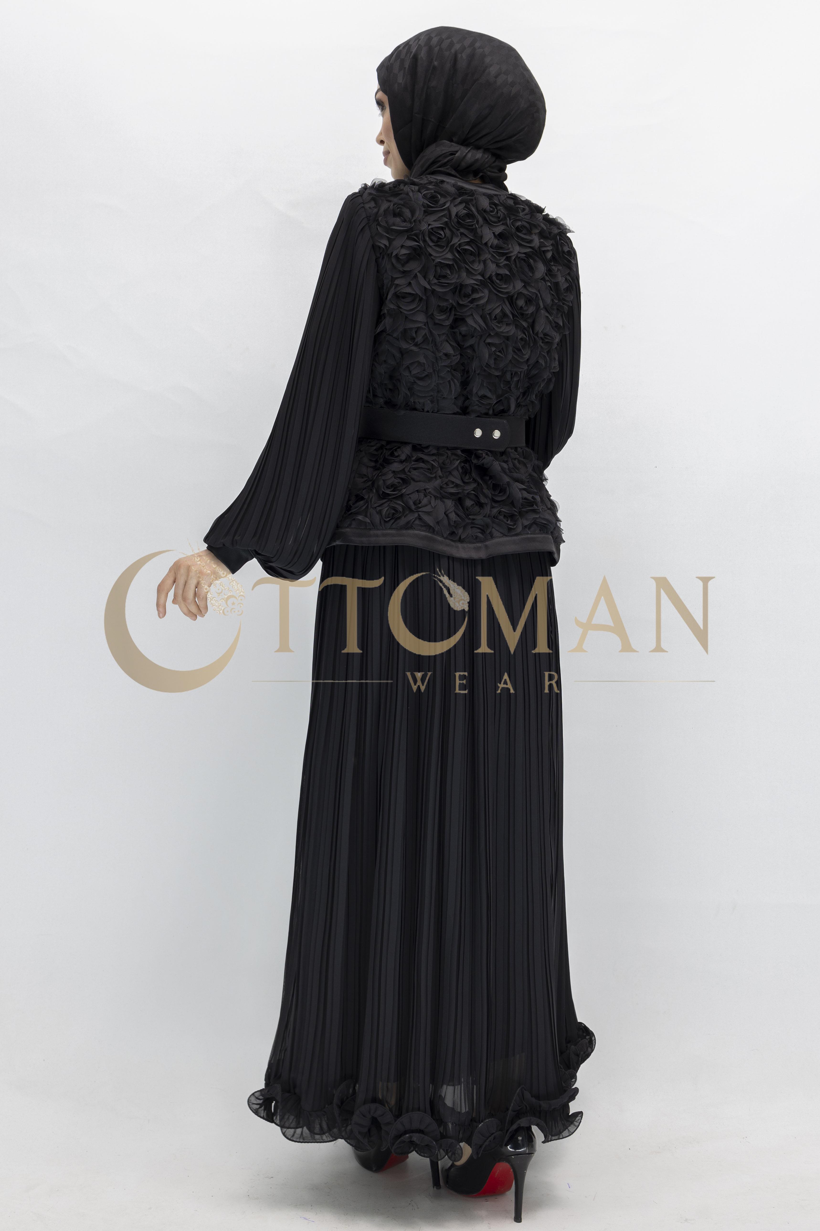 3D Gül Desenli Taş Detaylı Kuşaklı Pliseli Abiye Takım  Siyah OTW44908