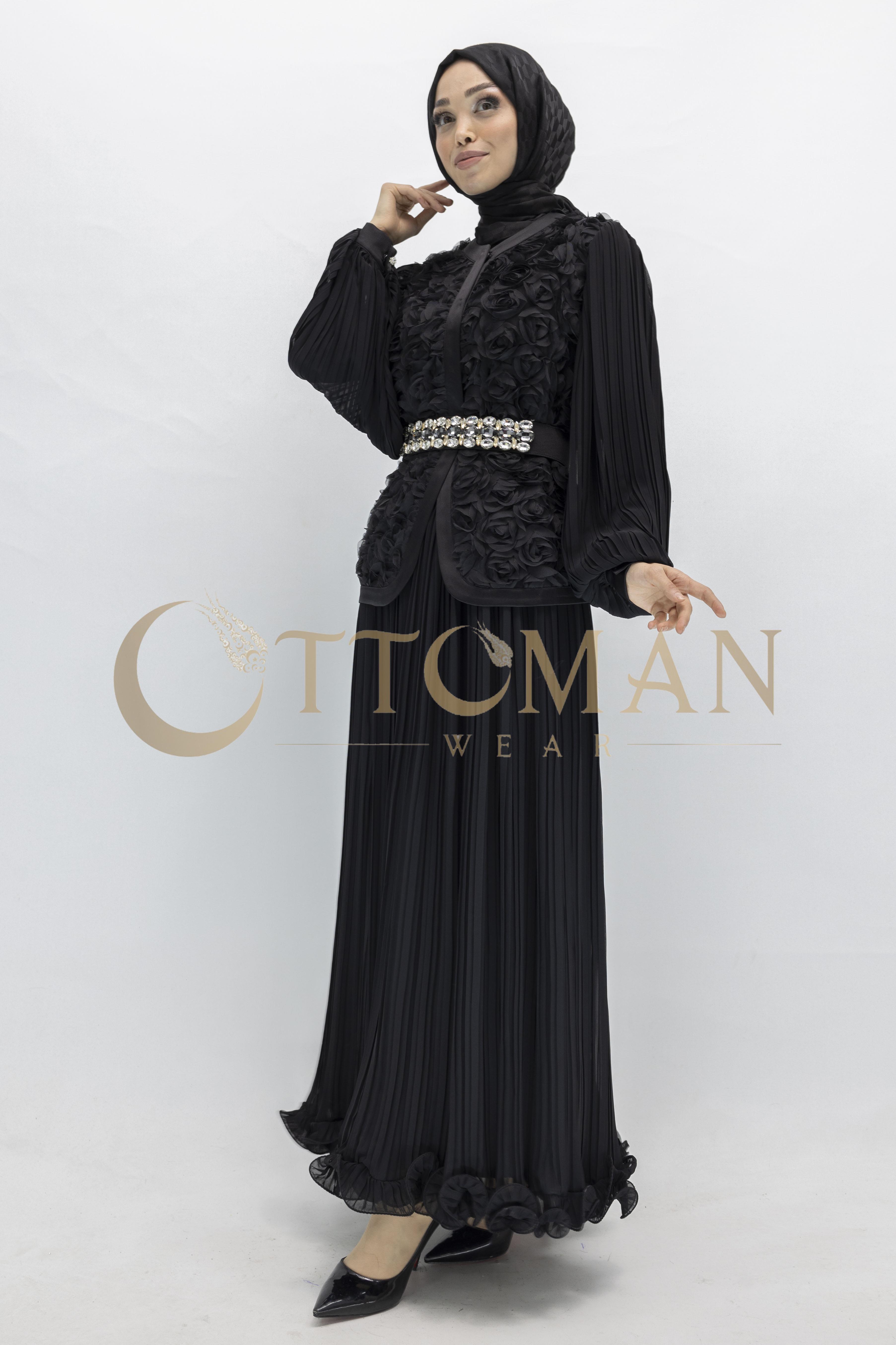 3D Gül Desenli Taş Detaylı Kuşaklı Pliseli Abiye Takım  Siyah OTW44908