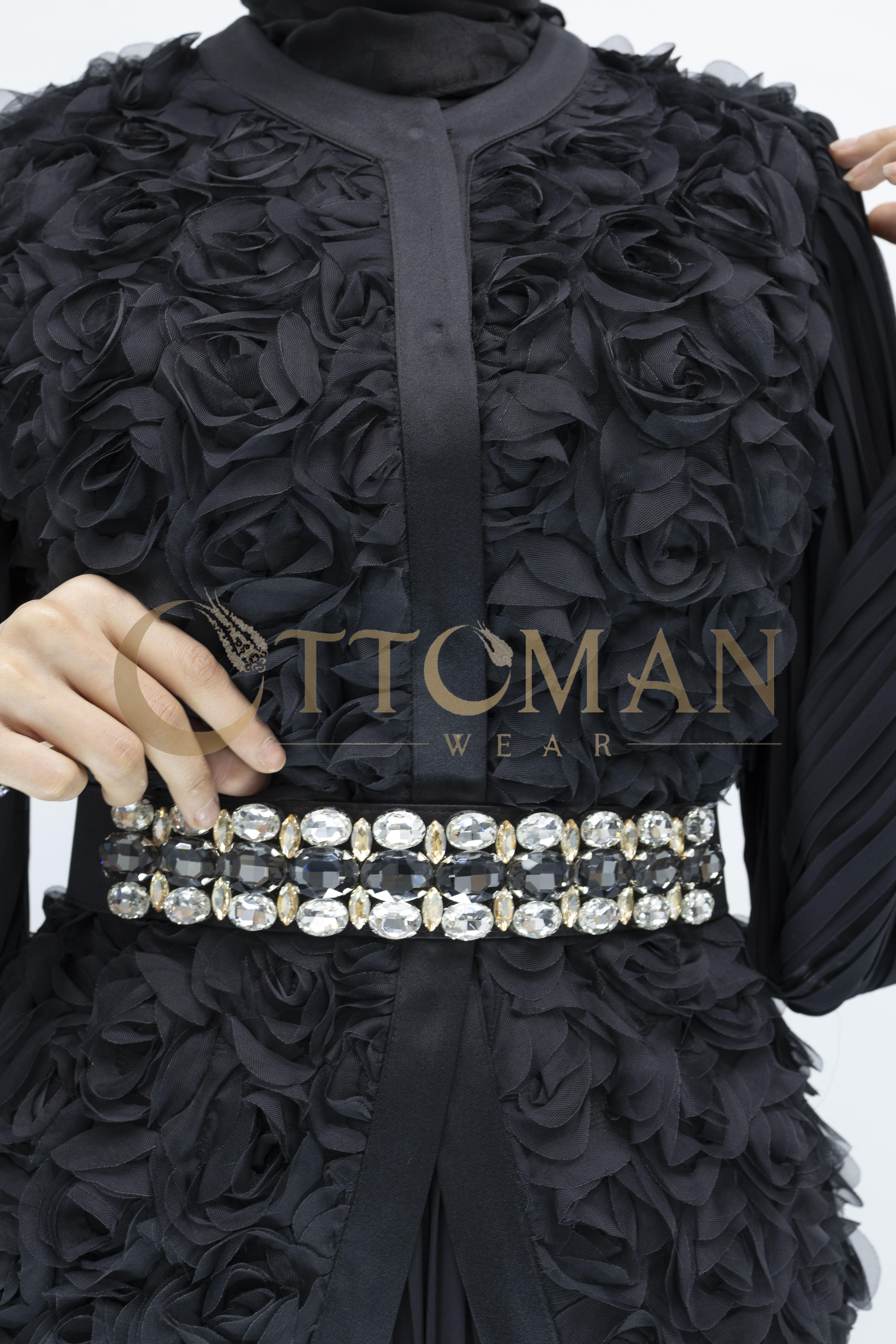 3D Gül Desenli Taş Detaylı Kuşaklı Pliseli Abiye Takım  Siyah OTW44908