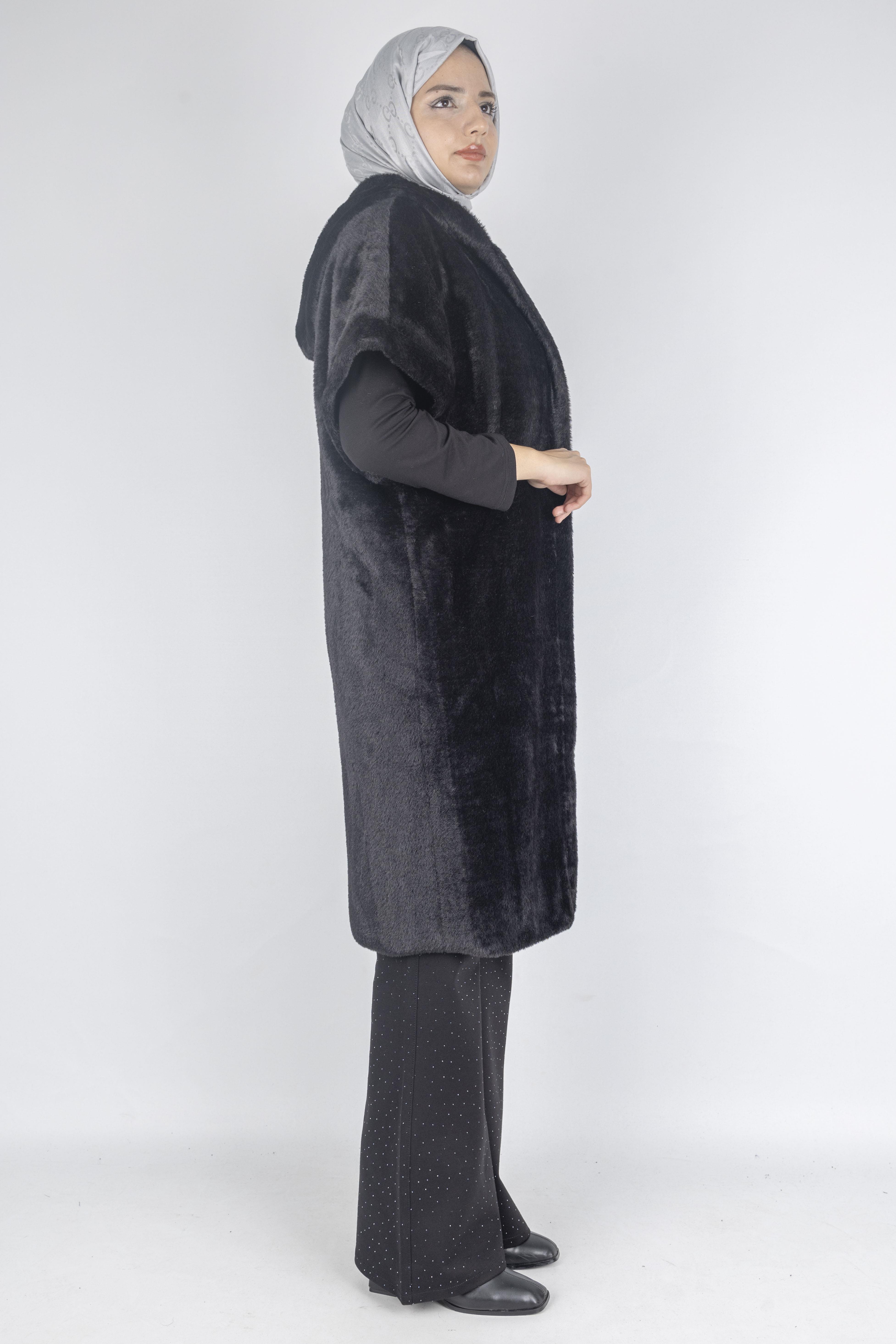 Angora Kapüşonlu Yelek Siyah OTW9279