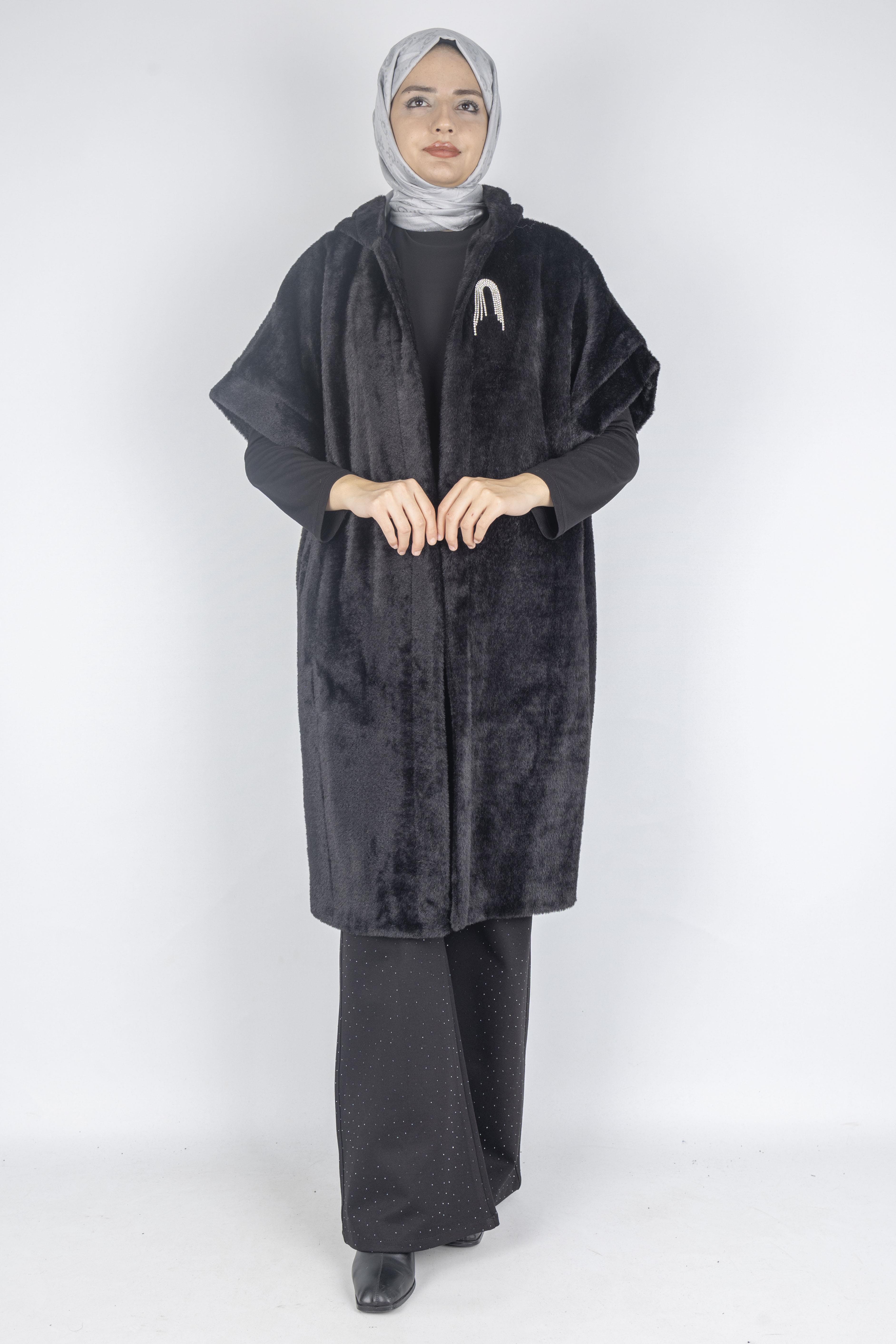 Angora Kapüşonlu Yelek Siyah OTW9279