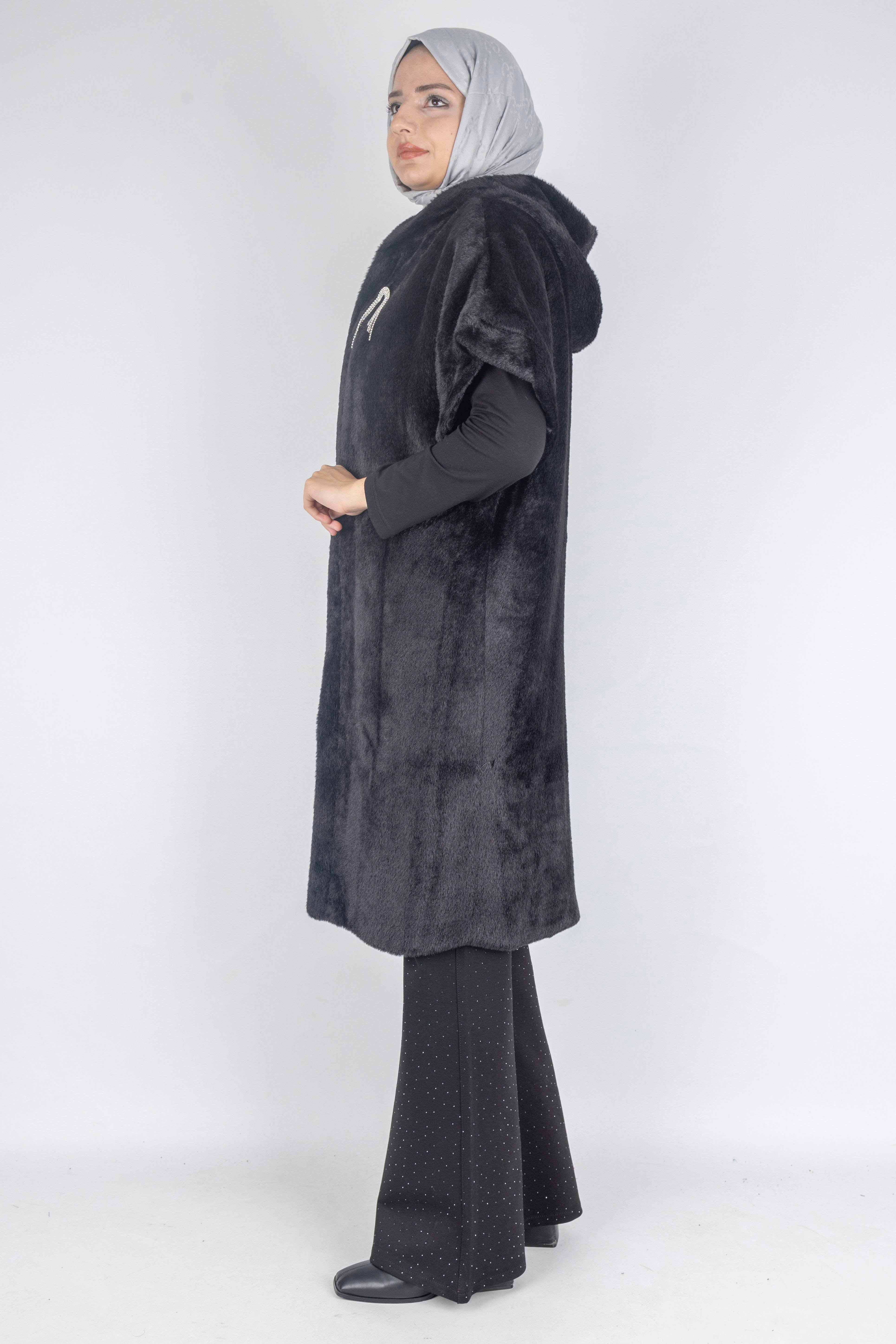 Angora Kapüşonlu Yelek Siyah OTW9279