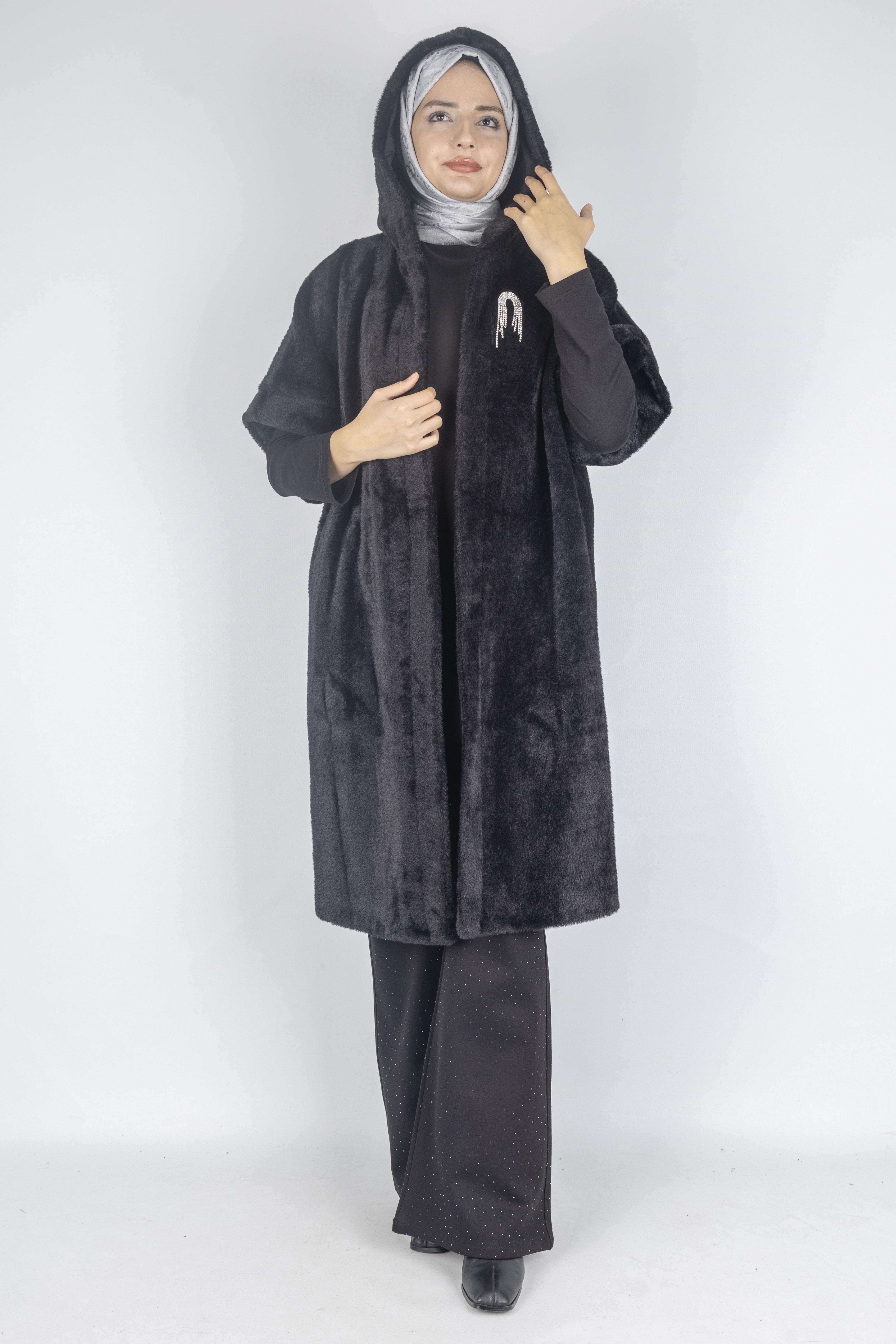 Angora Kapüşonlu Yelek Siyah OTW9279