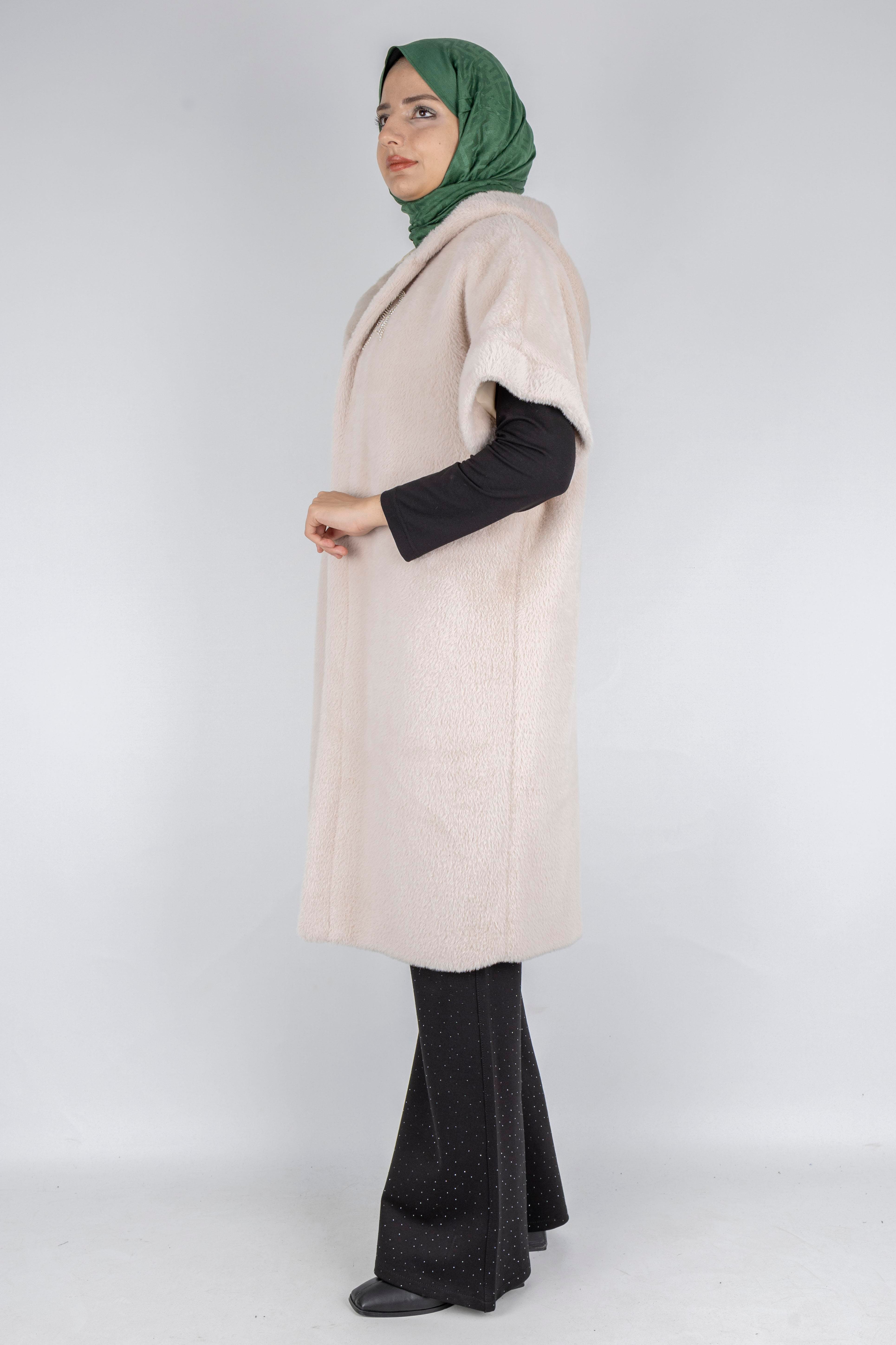 Angora Kapüşonlu Yelek Taş OTW9279