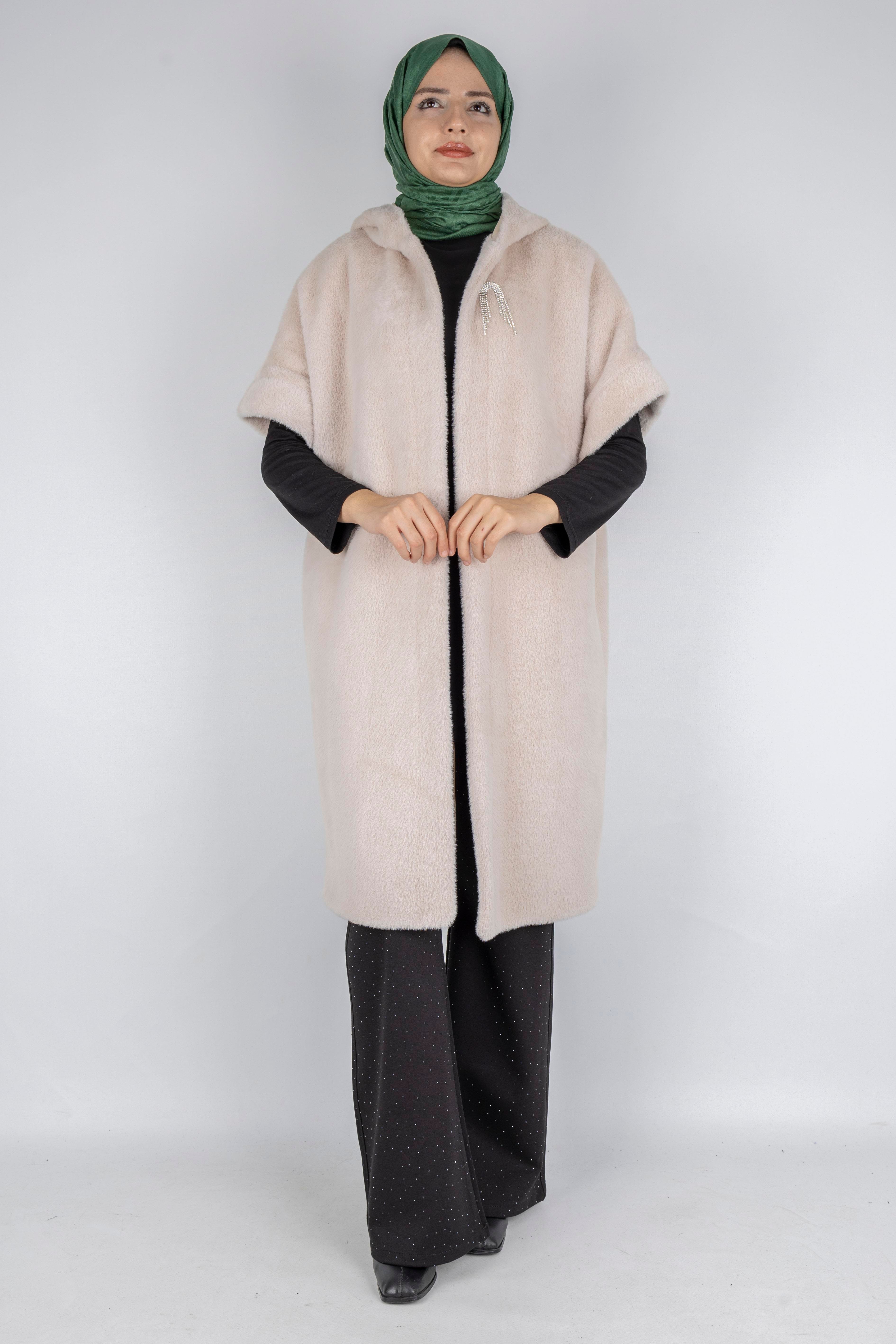 Angora Kapüşonlu Yelek Taş OTW9279