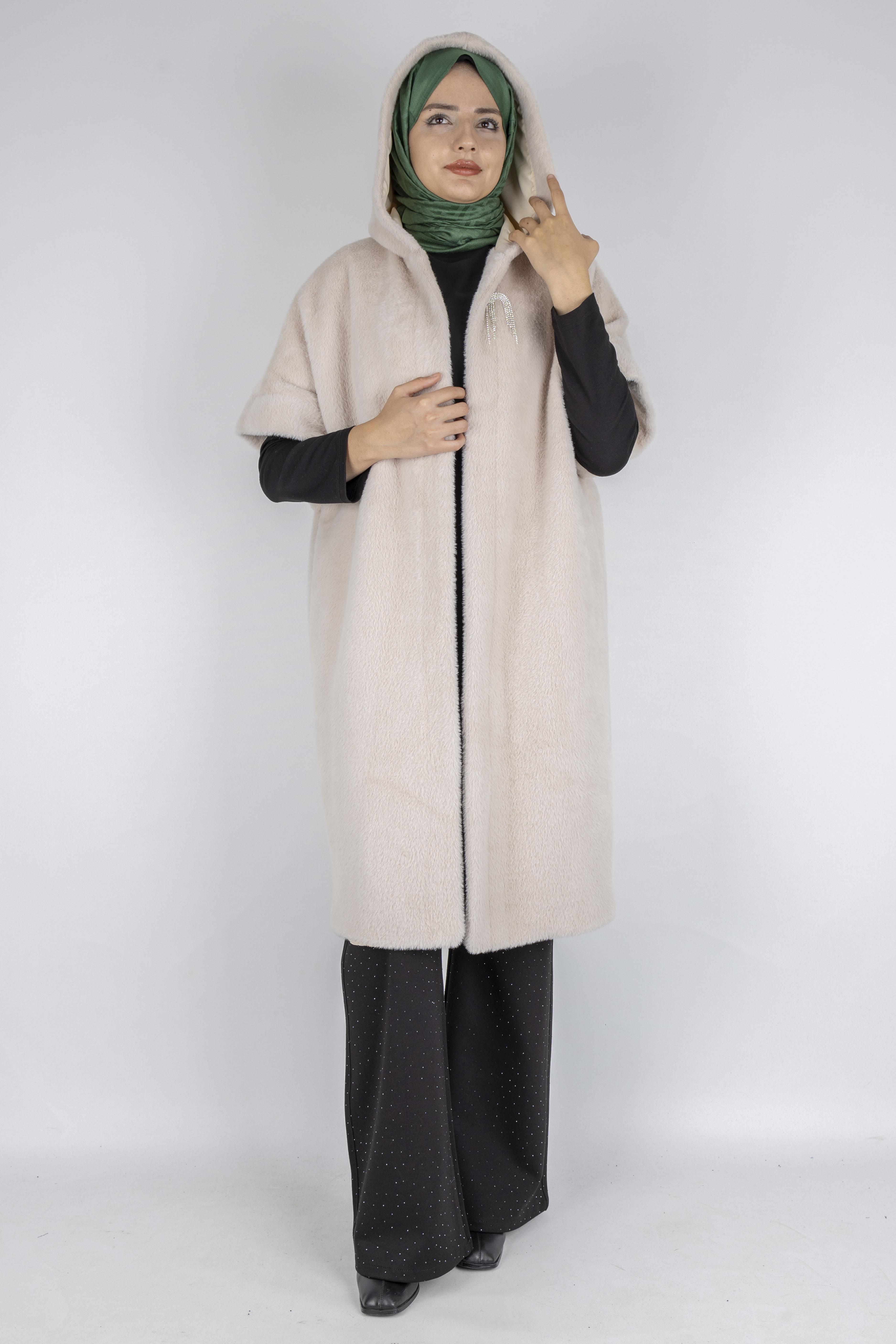 Angora Kapüşonlu Yelek Taş OTW9279