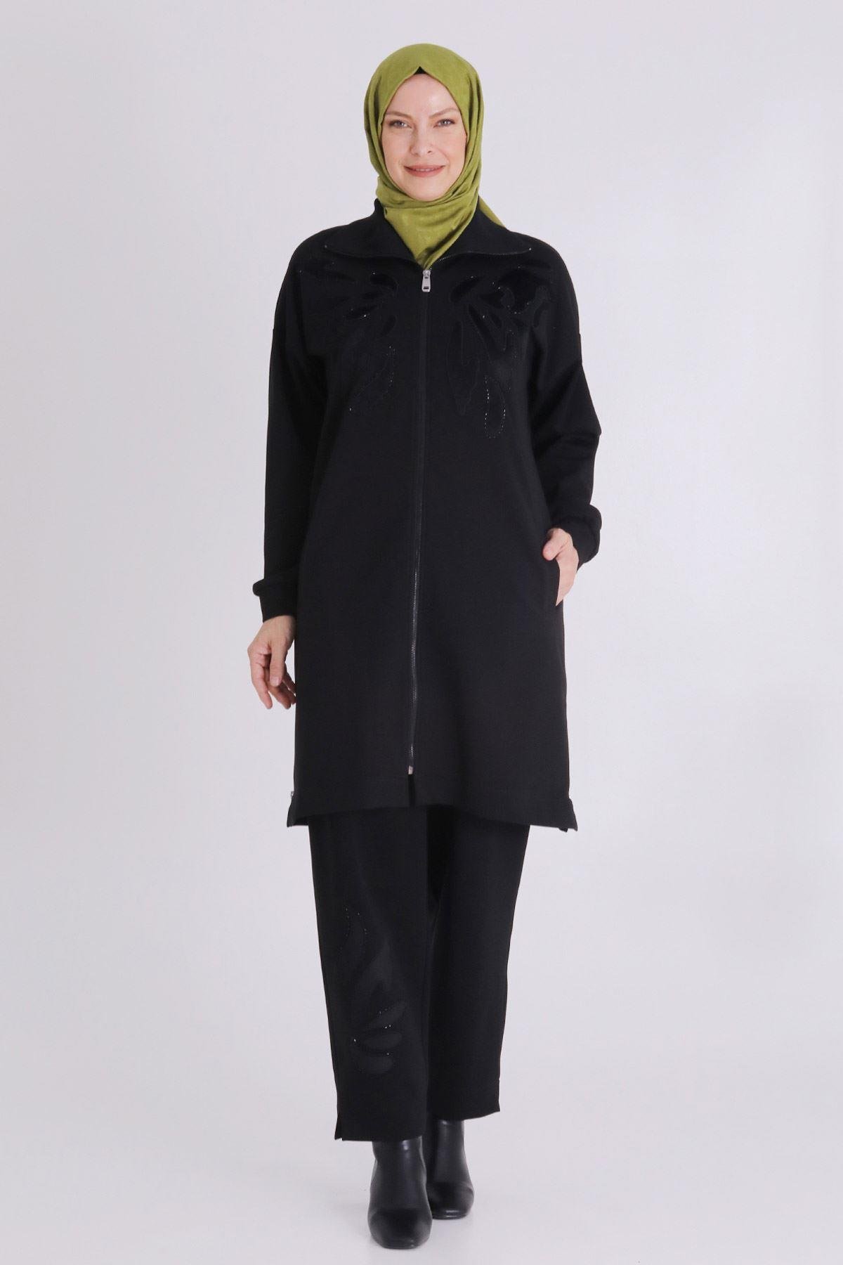 Aplike Detaylı Siyah Pantolonlu Büyük Beden Takım Siyah OTW35135