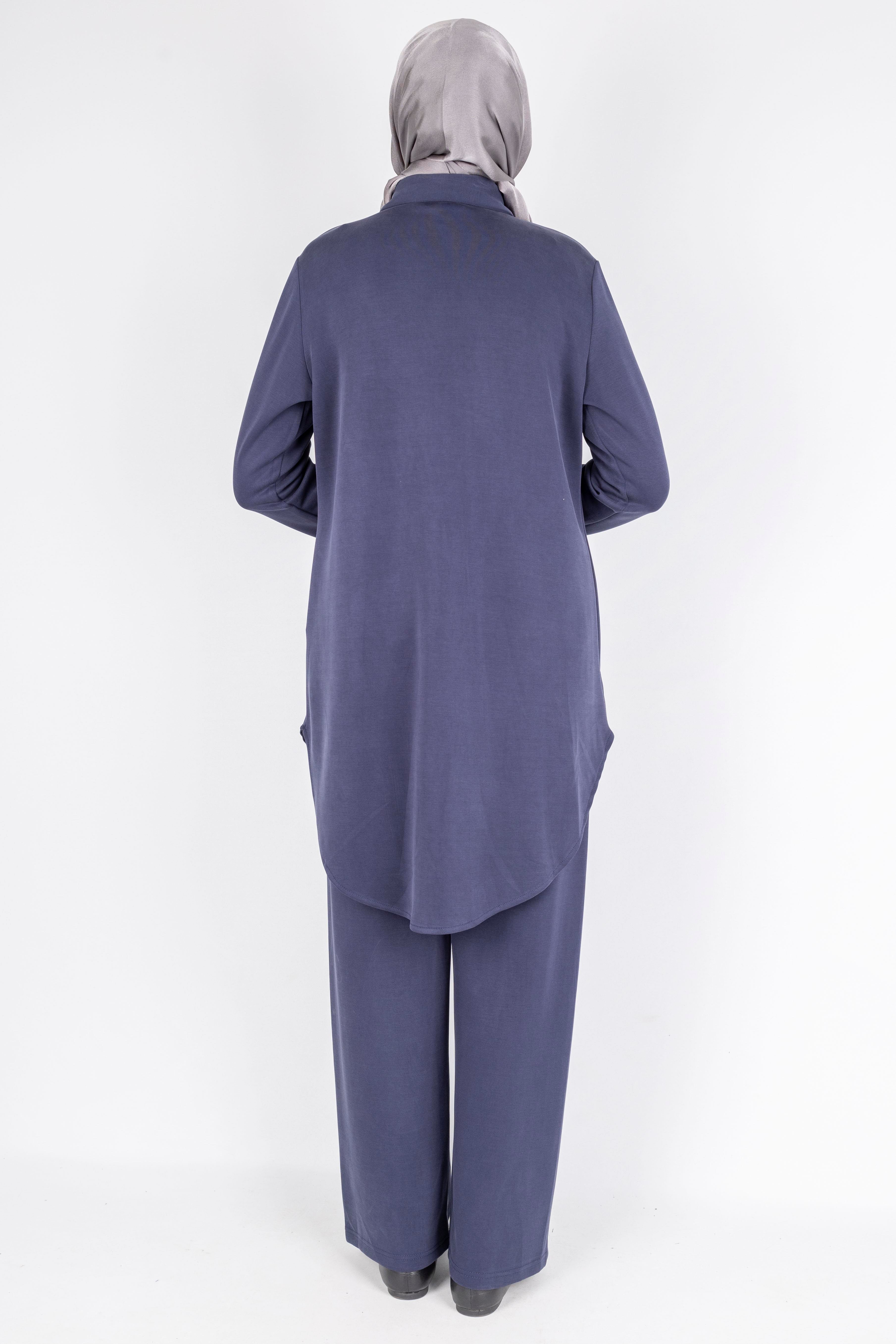 Arkası Uzun Oval Kesim Tuniklİ Pantolon Tesettür Takım Lacivert OTW594