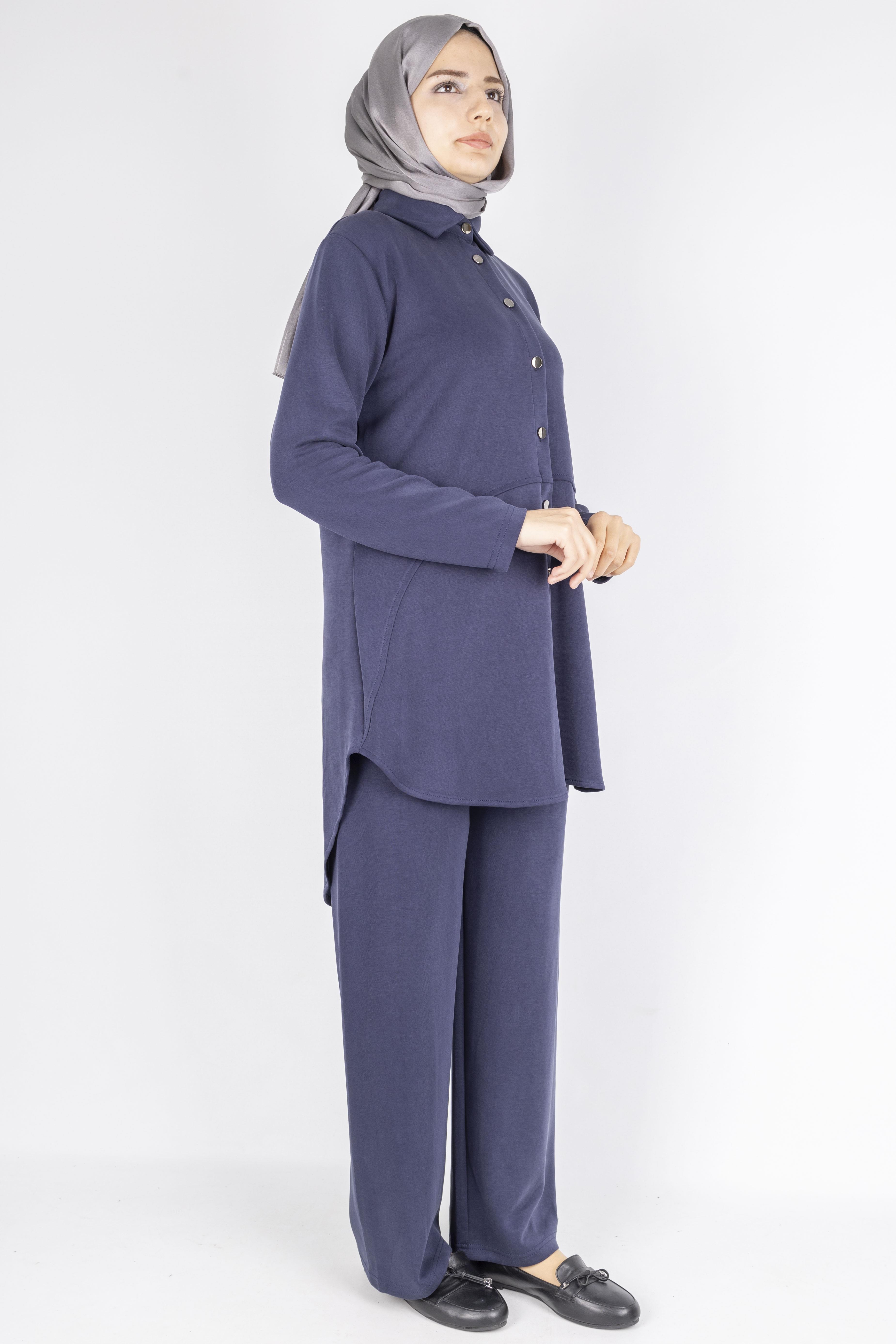 Arkası Uzun Oval Kesim Tuniklİ Pantolon Tesettür Takım Lacivert OTW594