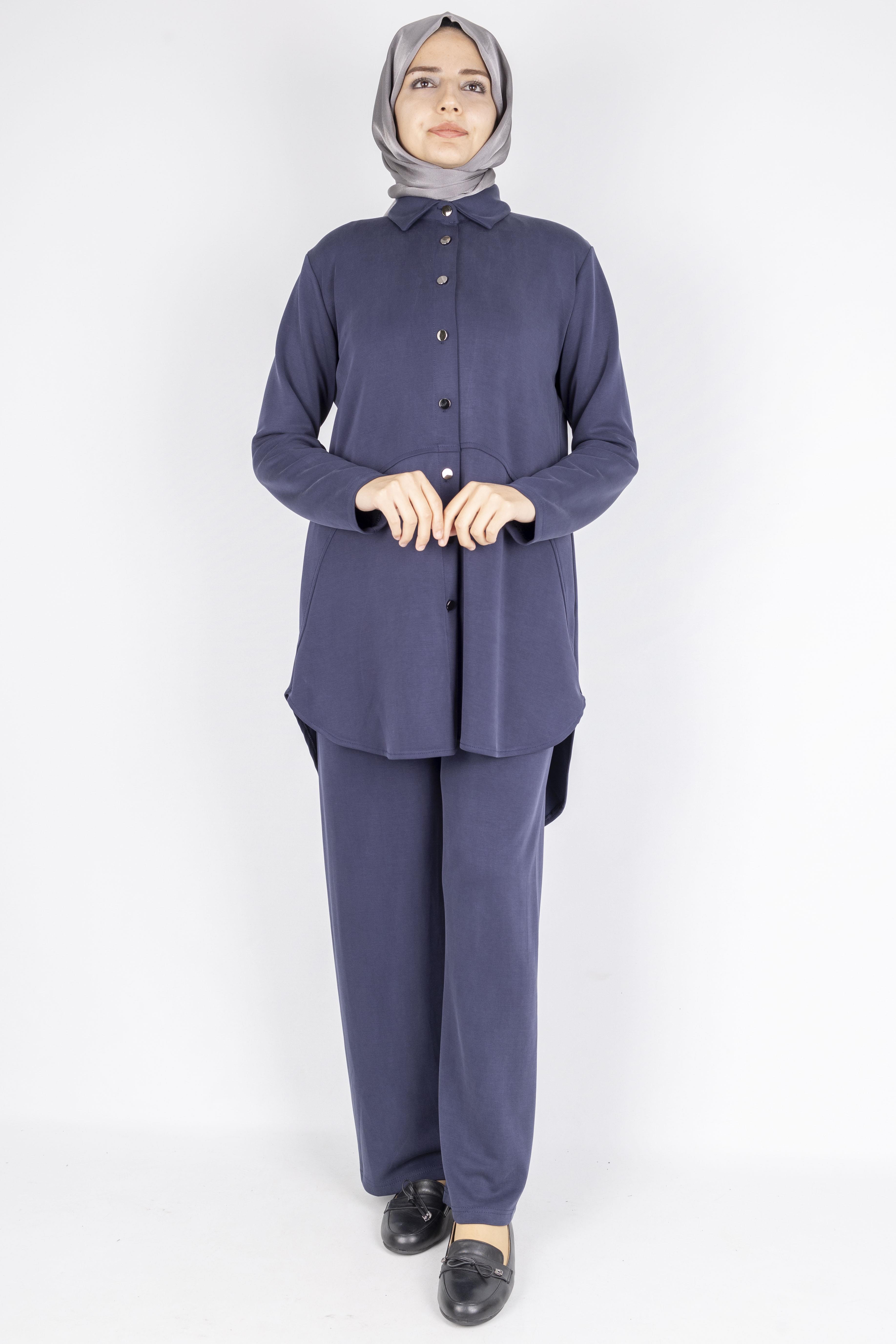Arkası Uzun Oval Kesim Tuniklİ Pantolon Tesettür Takım Lacivert OTW594