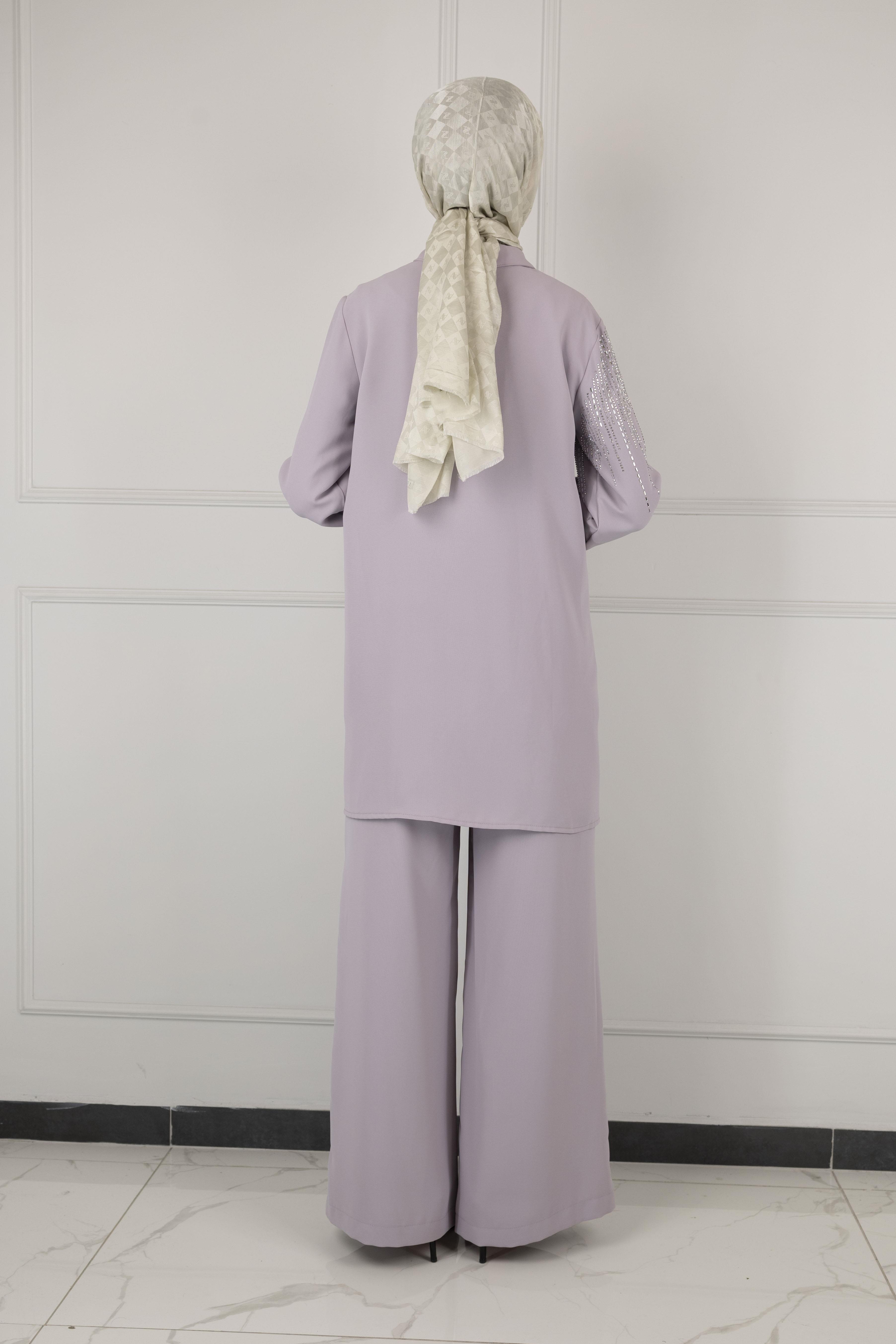 ARMİNE TAŞ DETAYLI ARMİNE PANTOLONLU TAKIM Lila OTW602