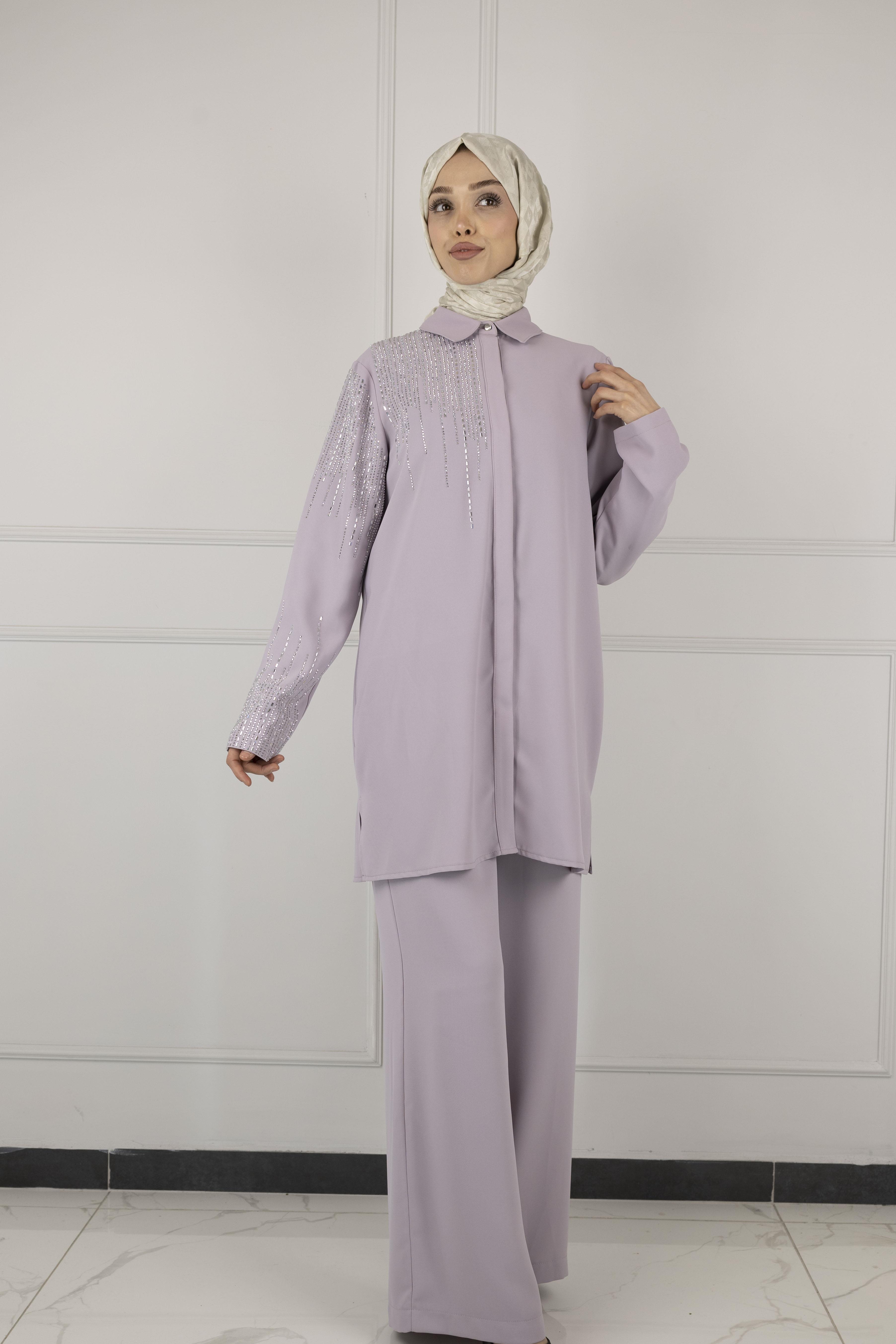 ARMİNE TAŞ DETAYLI ARMİNE PANTOLONLU TAKIM Lila OTW602