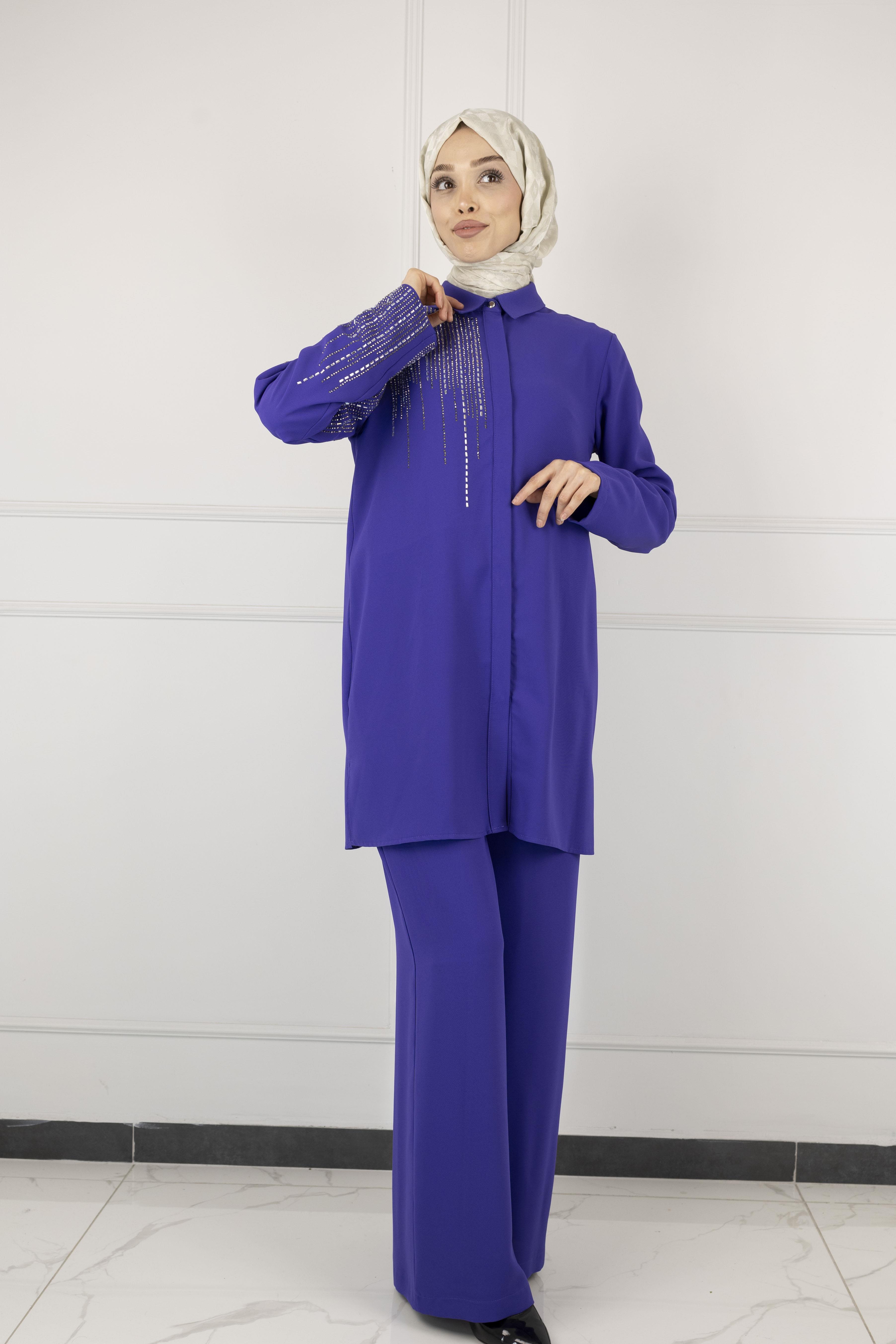 ARMİNE TAŞ DETAYLI ARMİNE PANTOLONLU TAKIM Morcivert OTW602