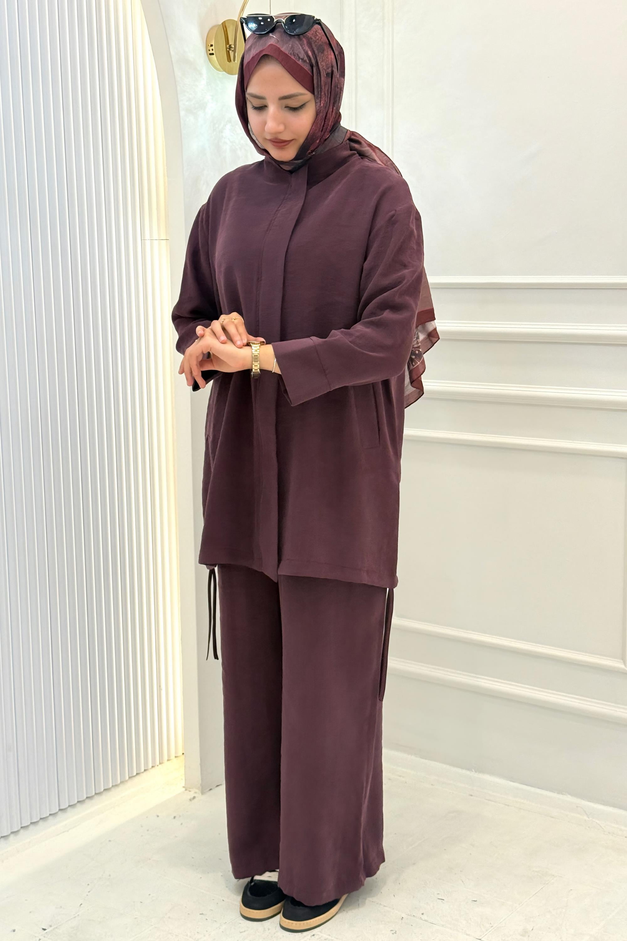 Armine Trend Sırt Detaylı Beli Lastikli Pantolonlu Takım Bordo OTW659