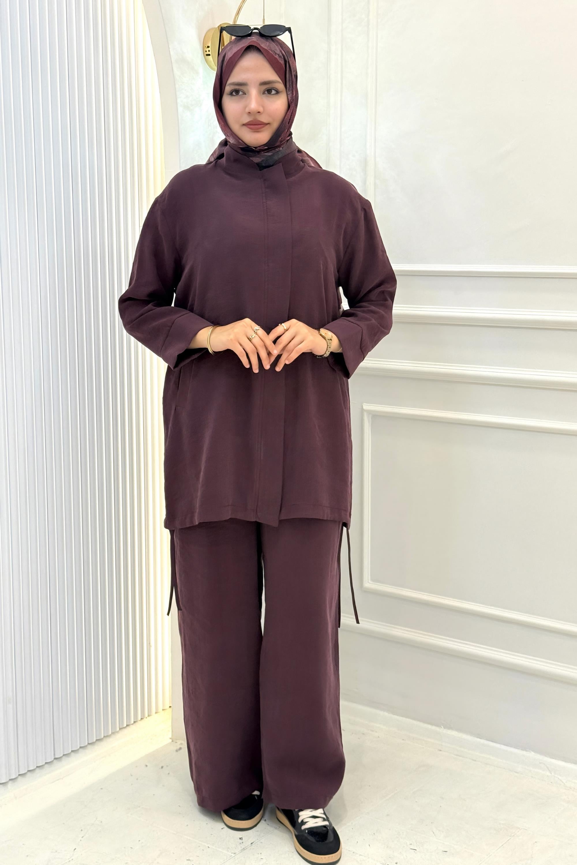 Armine Trend Sırt Detaylı Beli Lastikli Pantolonlu Takım Bordo OTW659