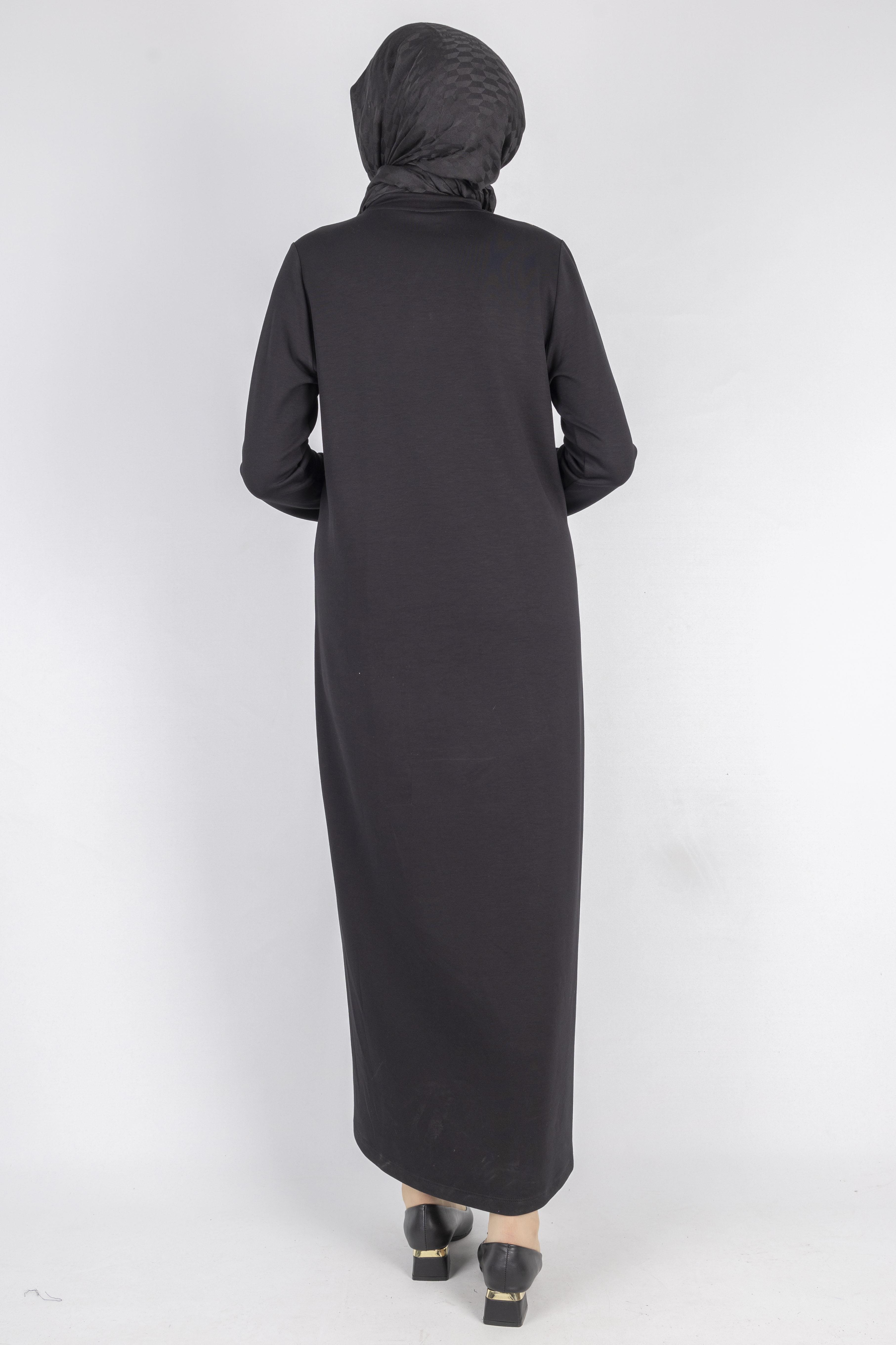 Asimetrik Dalga Desenli Siyah Tesettür Elbise Siyah OTW1744