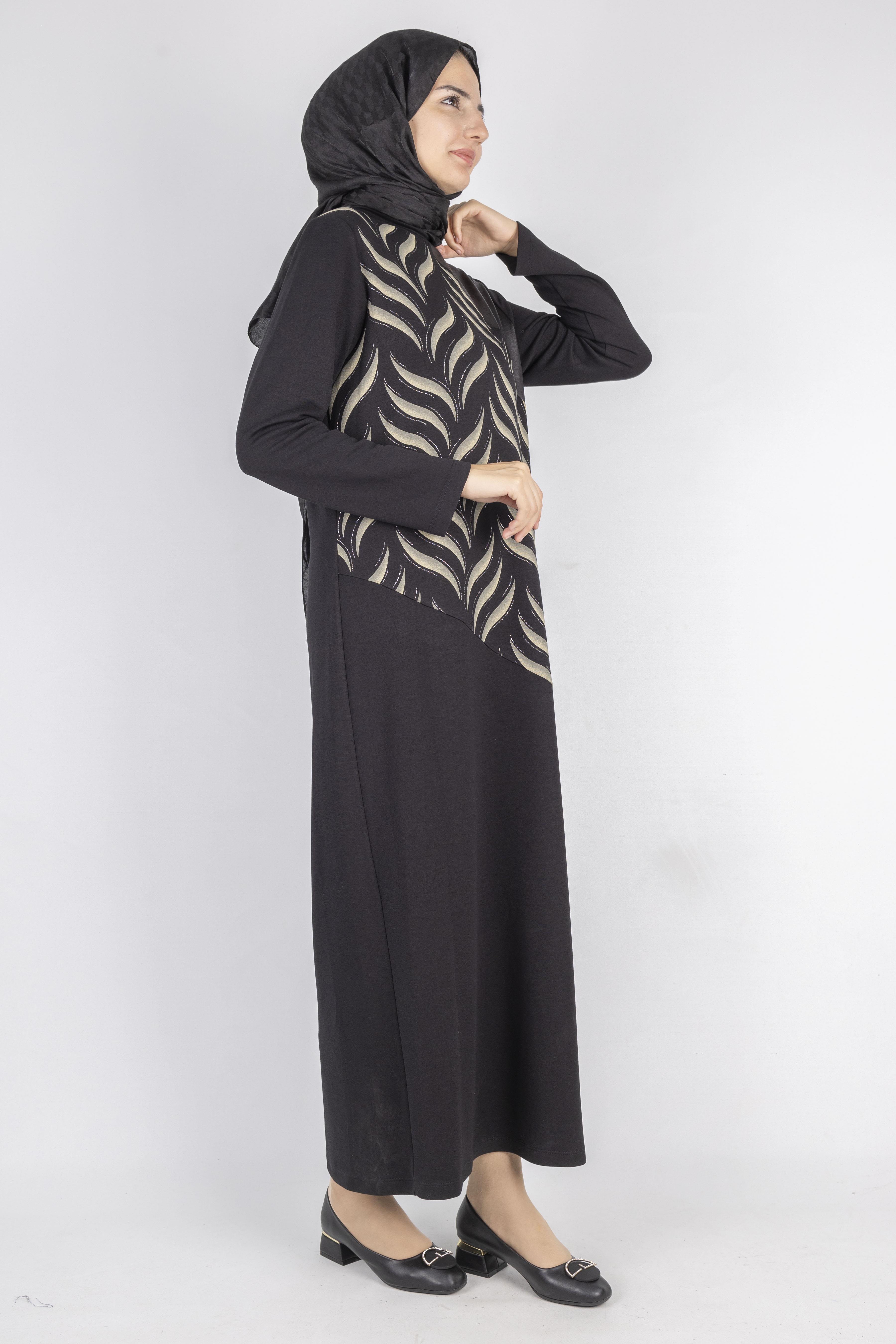 Asimetrik Dalga Desenli Siyah Tesettür Elbise Siyah OTW1744