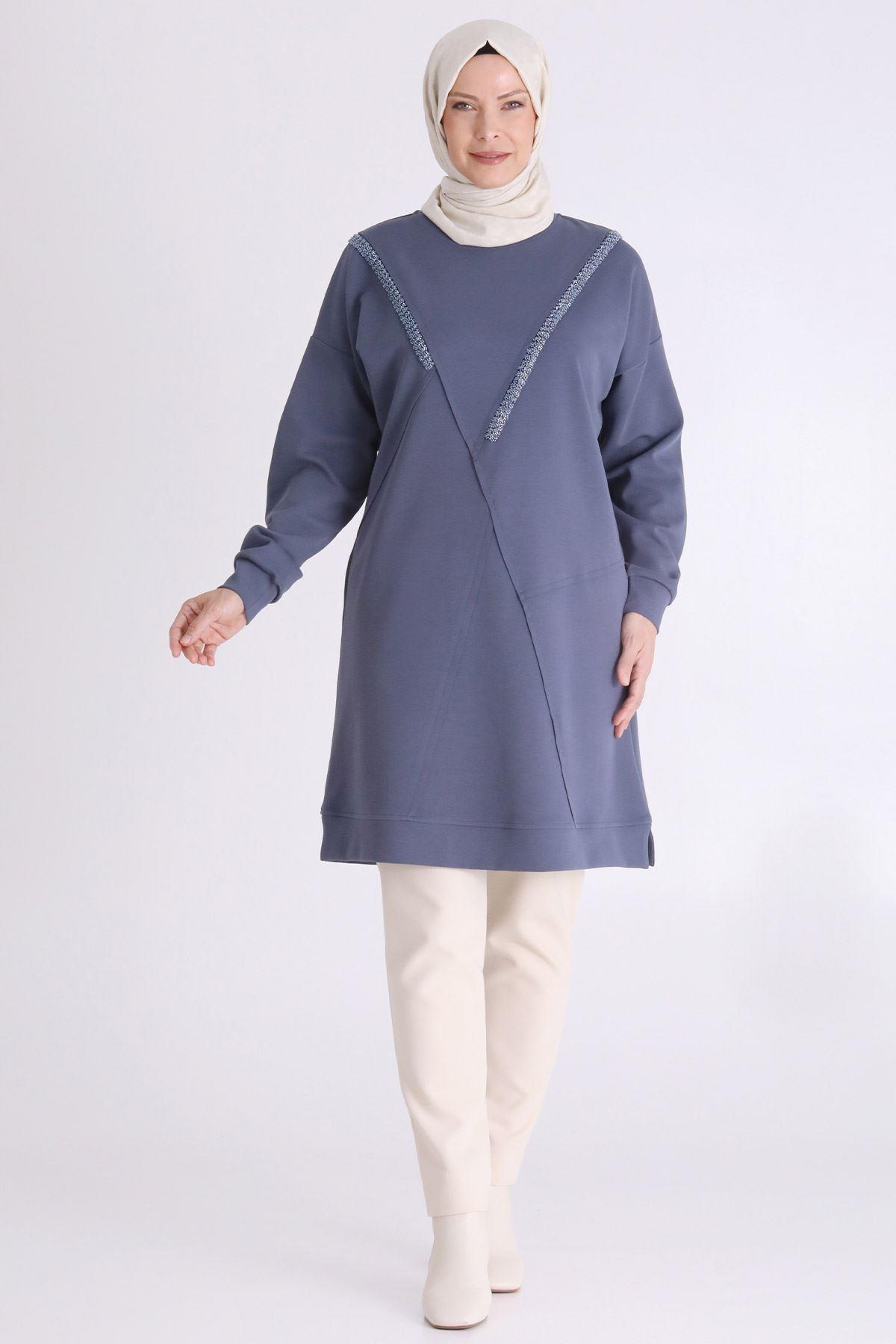 Asimetrik Kesim Taş Süslemeli Tunik Duman Mavi OTW20128