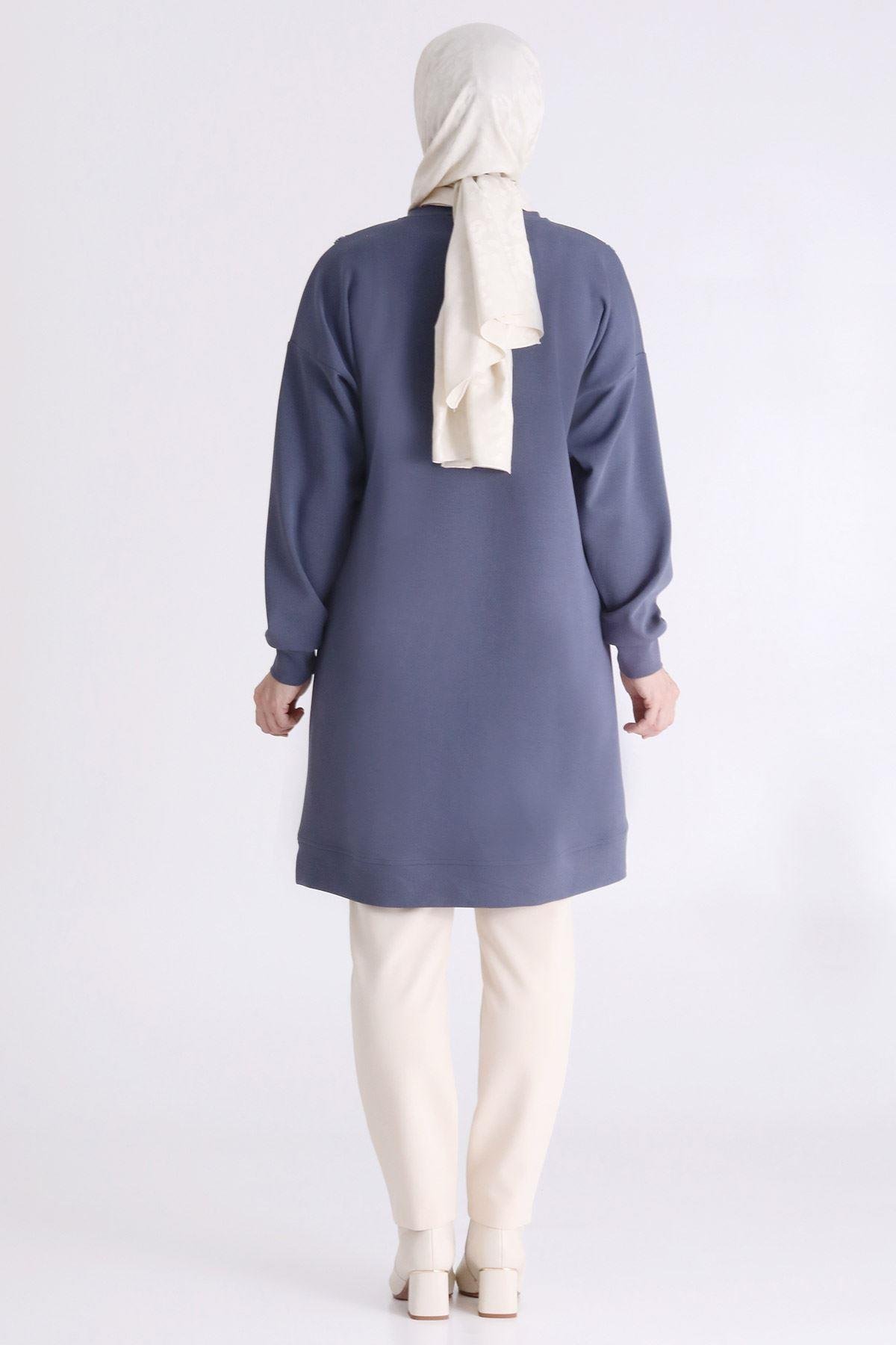 Asimetrik Kesim Taş Süslemeli Tunik Duman Mavi OTW20128