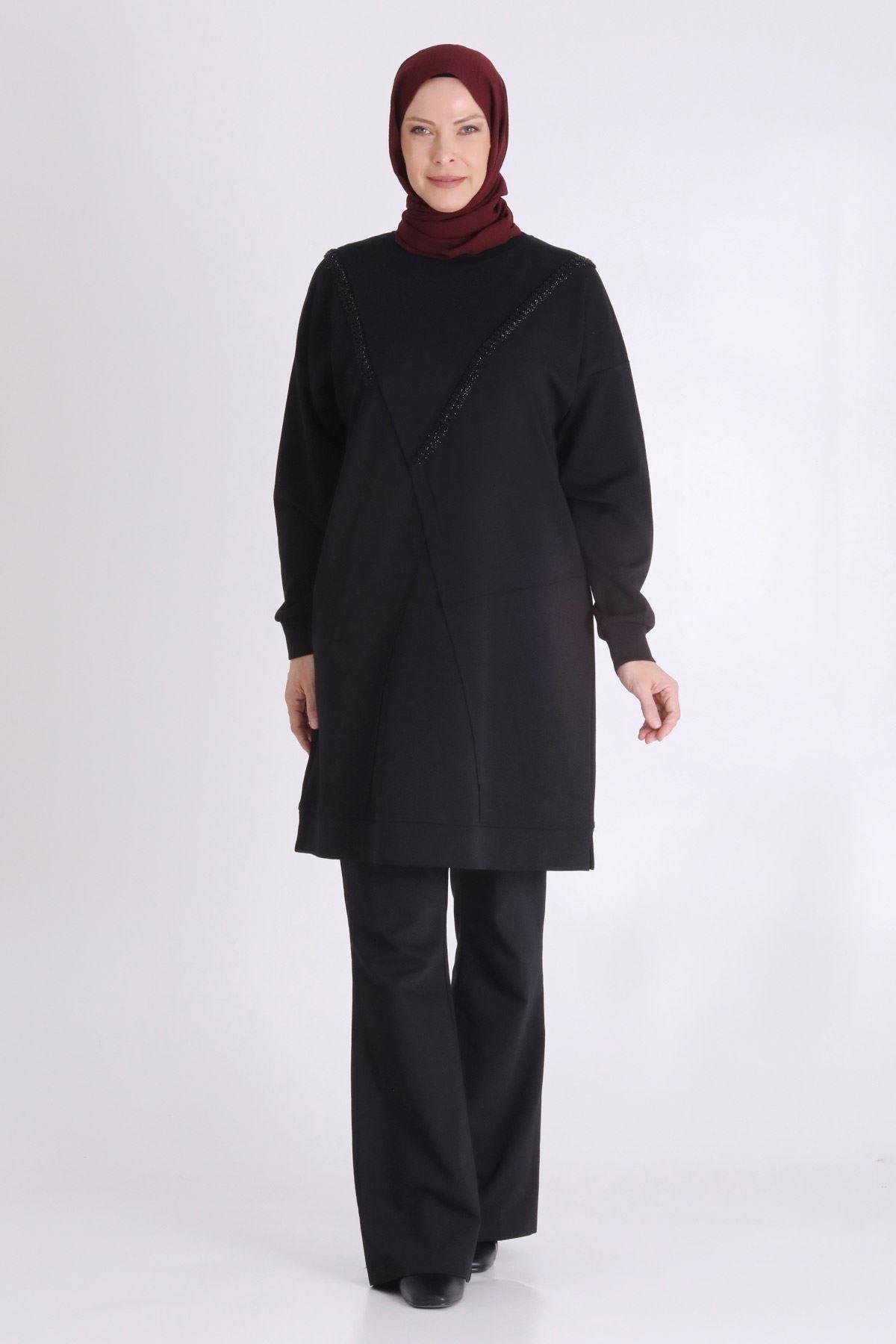 Asimetrik Kesim Taş Süslemeli Tunik Siyah OTW20128