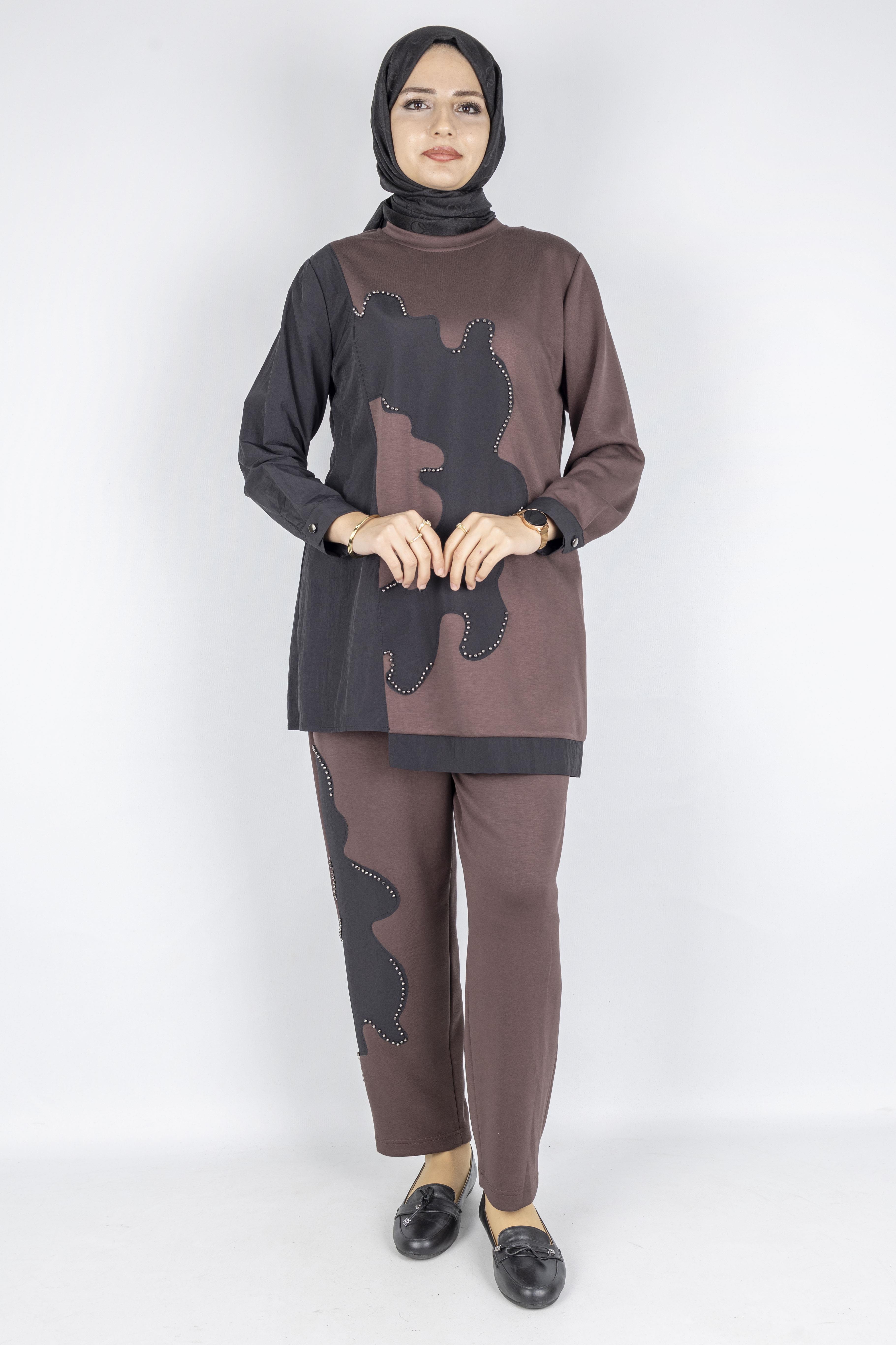 Asimetrik Taş Detaylı İkili Takım Kahve OTW1070