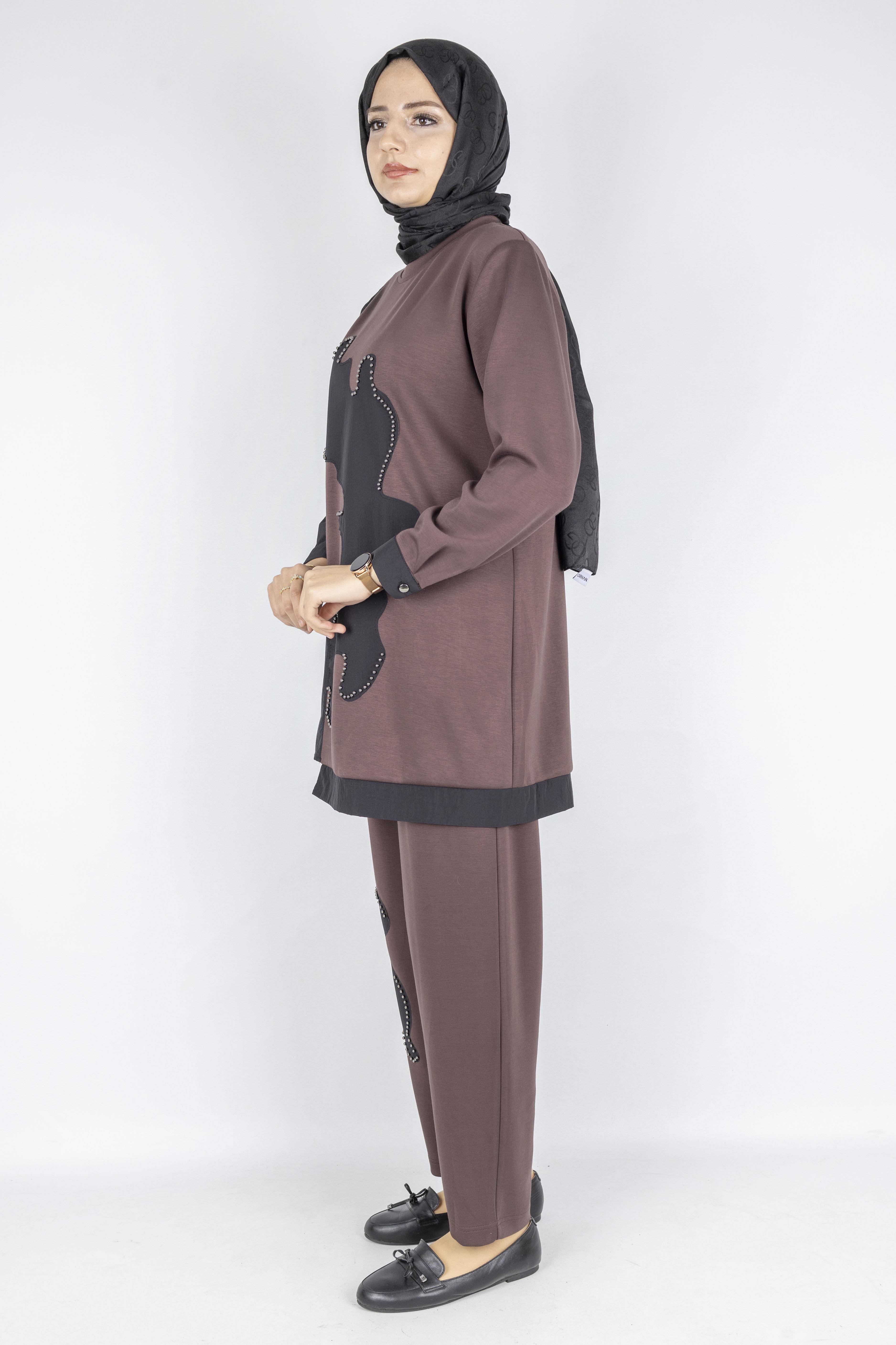 Asimetrik Taş Detaylı İkili Takım Kahve OTW1070