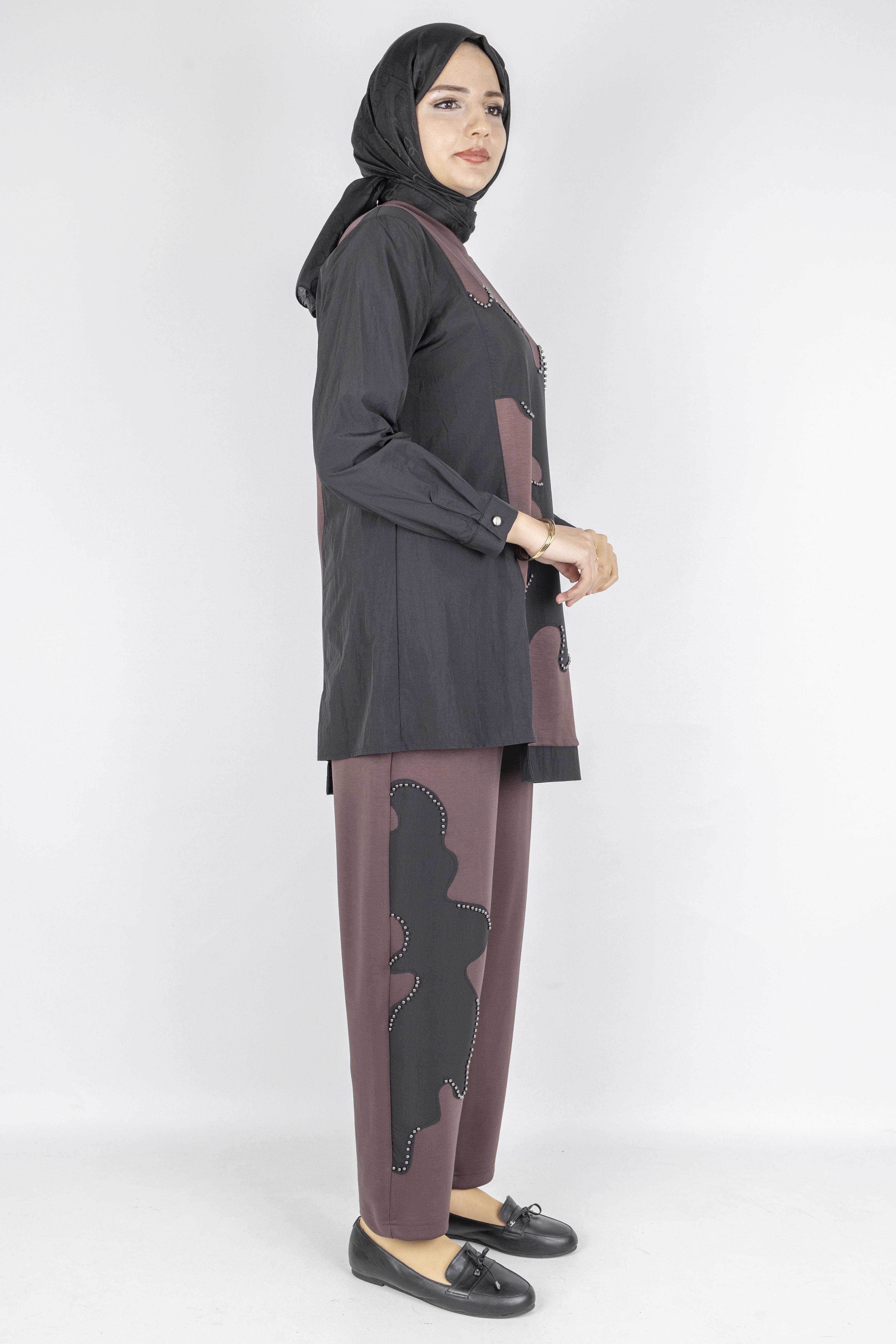 Asimetrik Taş Detaylı İkili Takım Kahve OTW1070