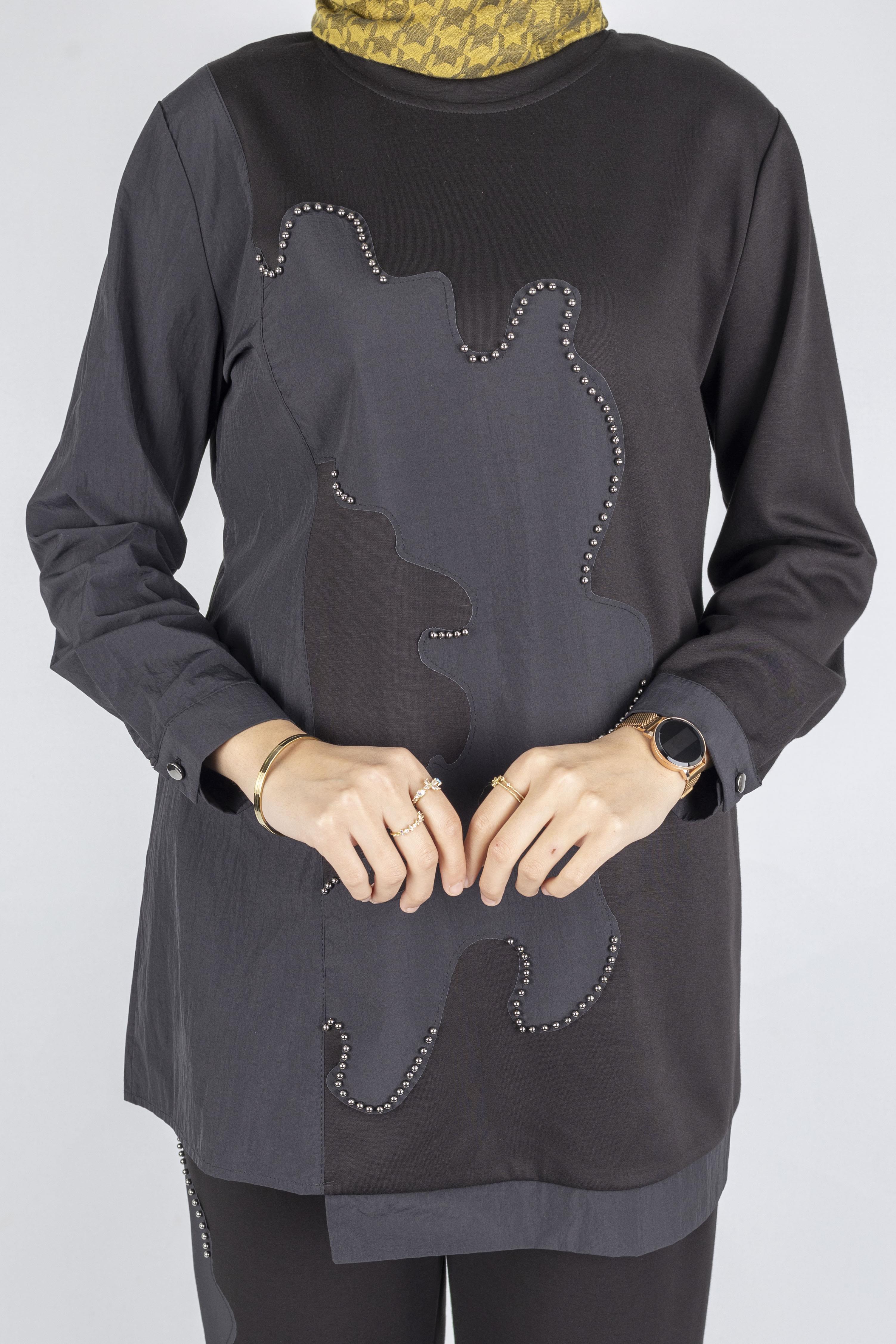 Asimetrik Taş Detaylı İkili Takım Siyah OTW1070