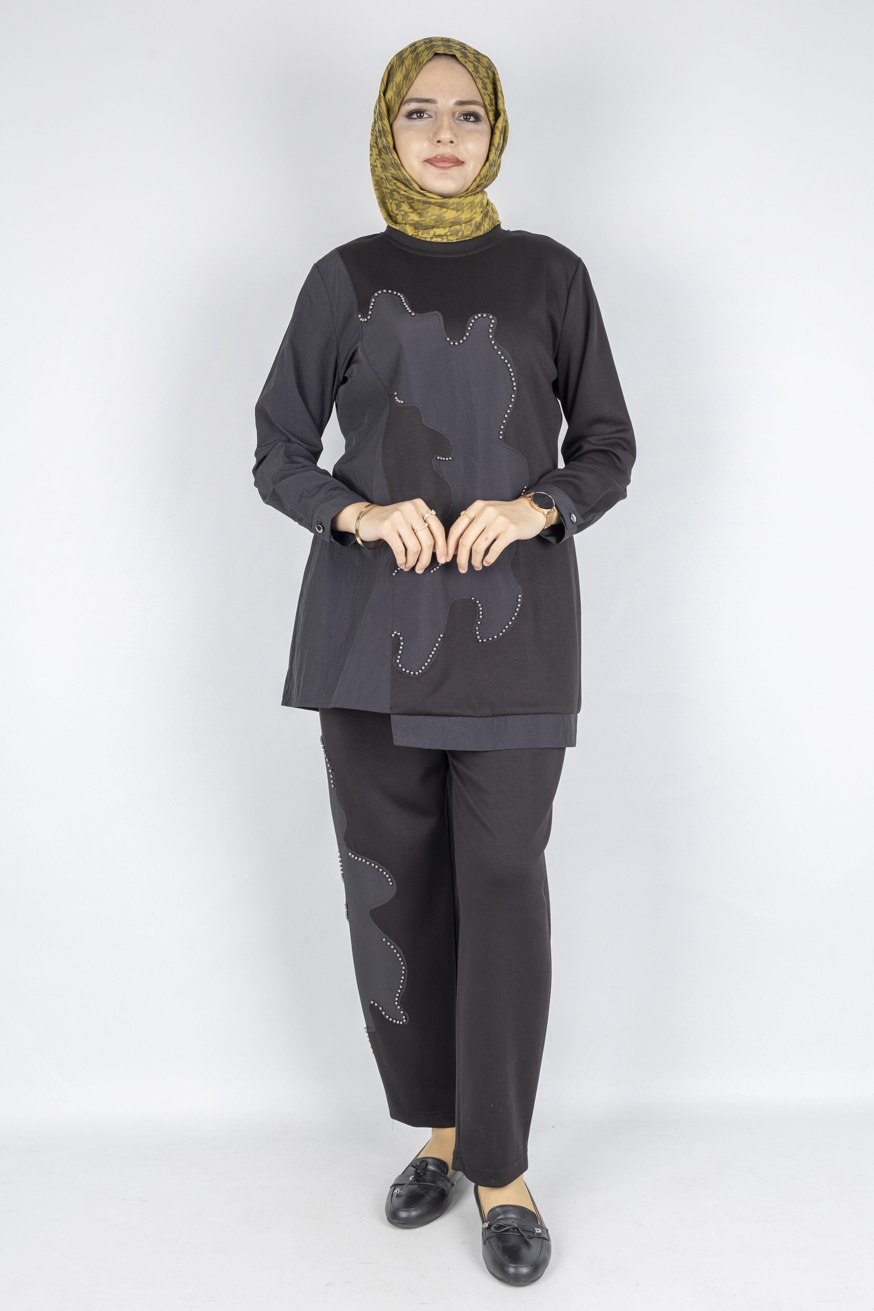 Asimetrik Taş Detaylı İkili Takım Siyah OTW1070