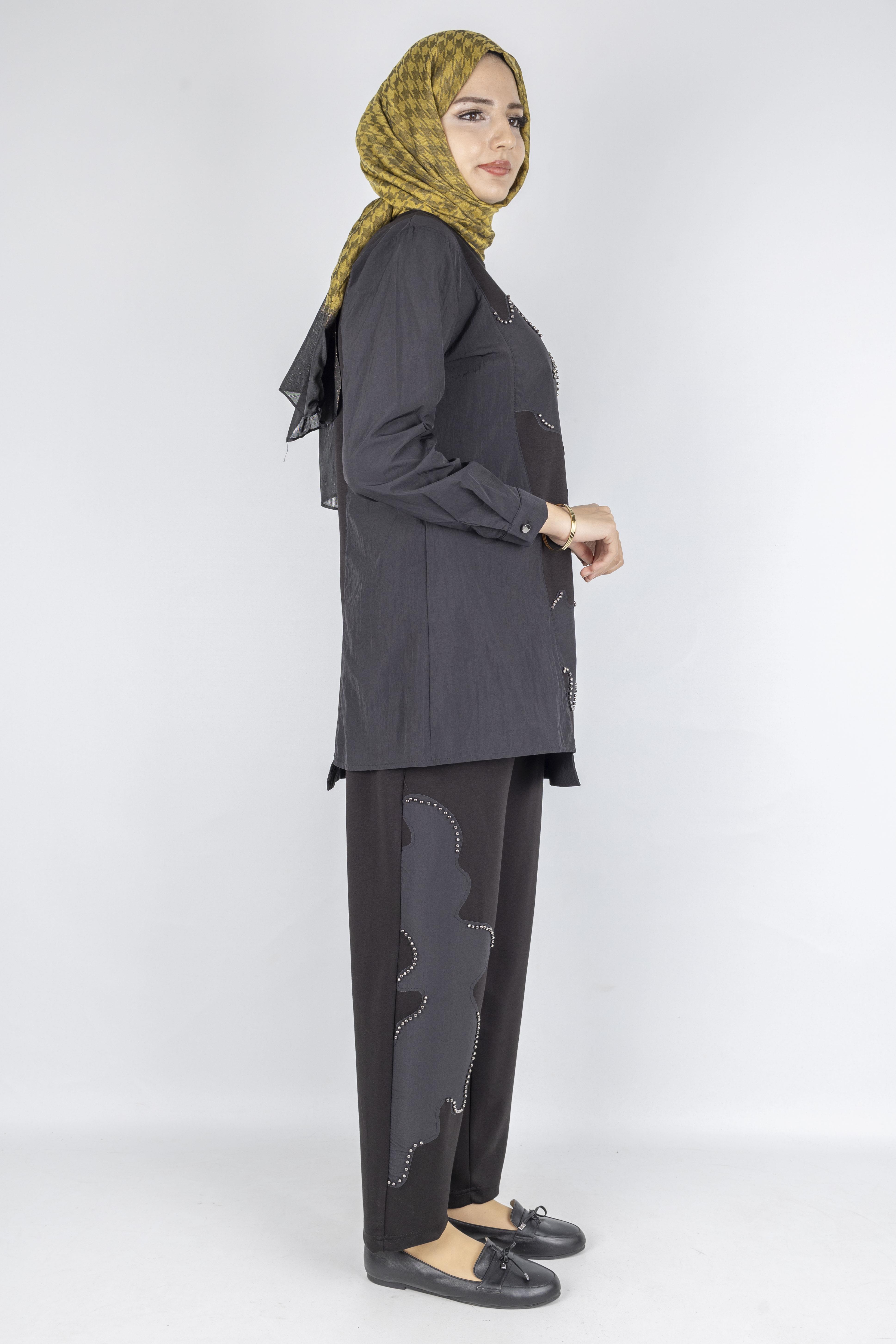 Asimetrik Taş Detaylı İkili Takım Siyah OTW1070