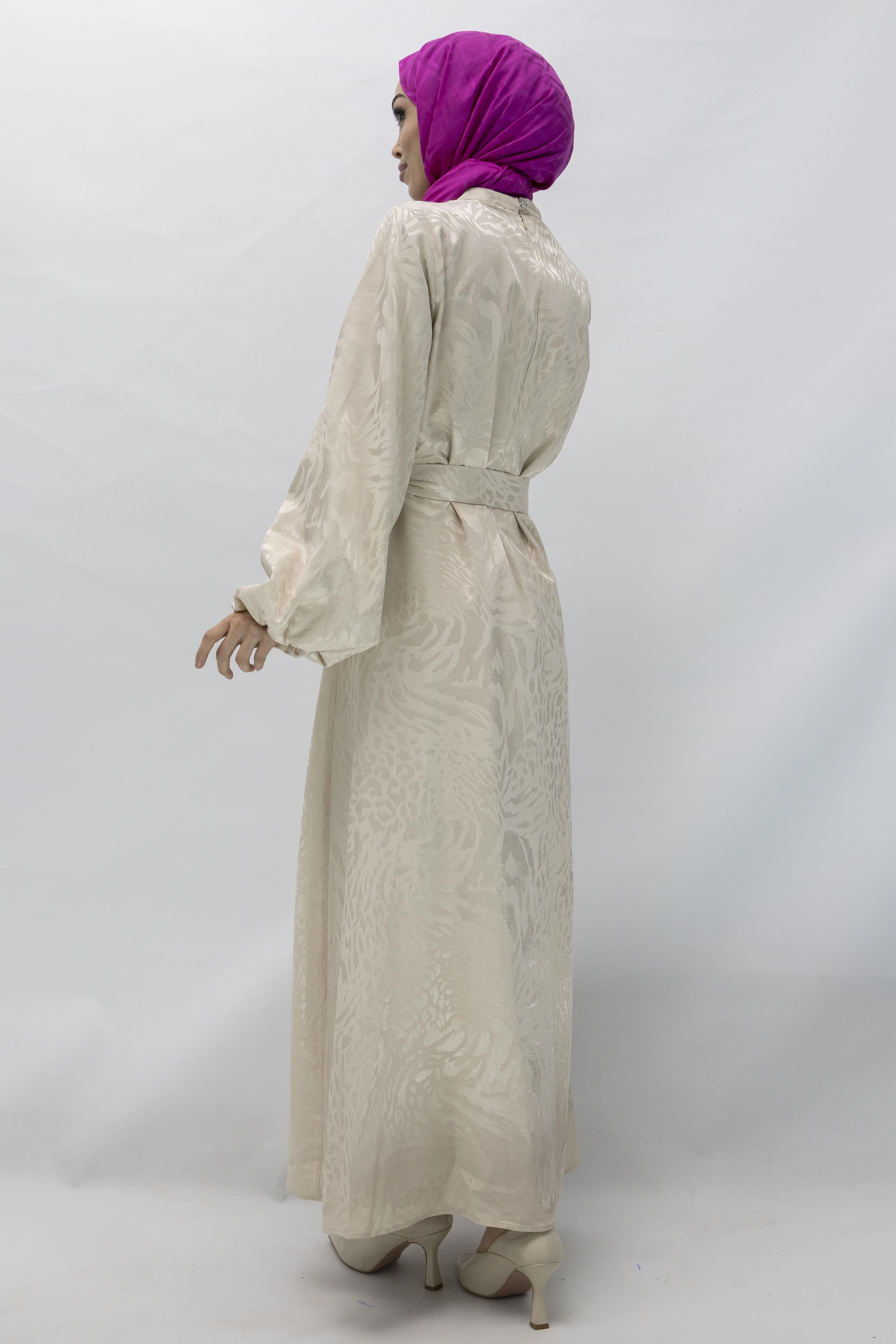 Astarlı Balon Kol Jakar Elbise Bej OTW13145