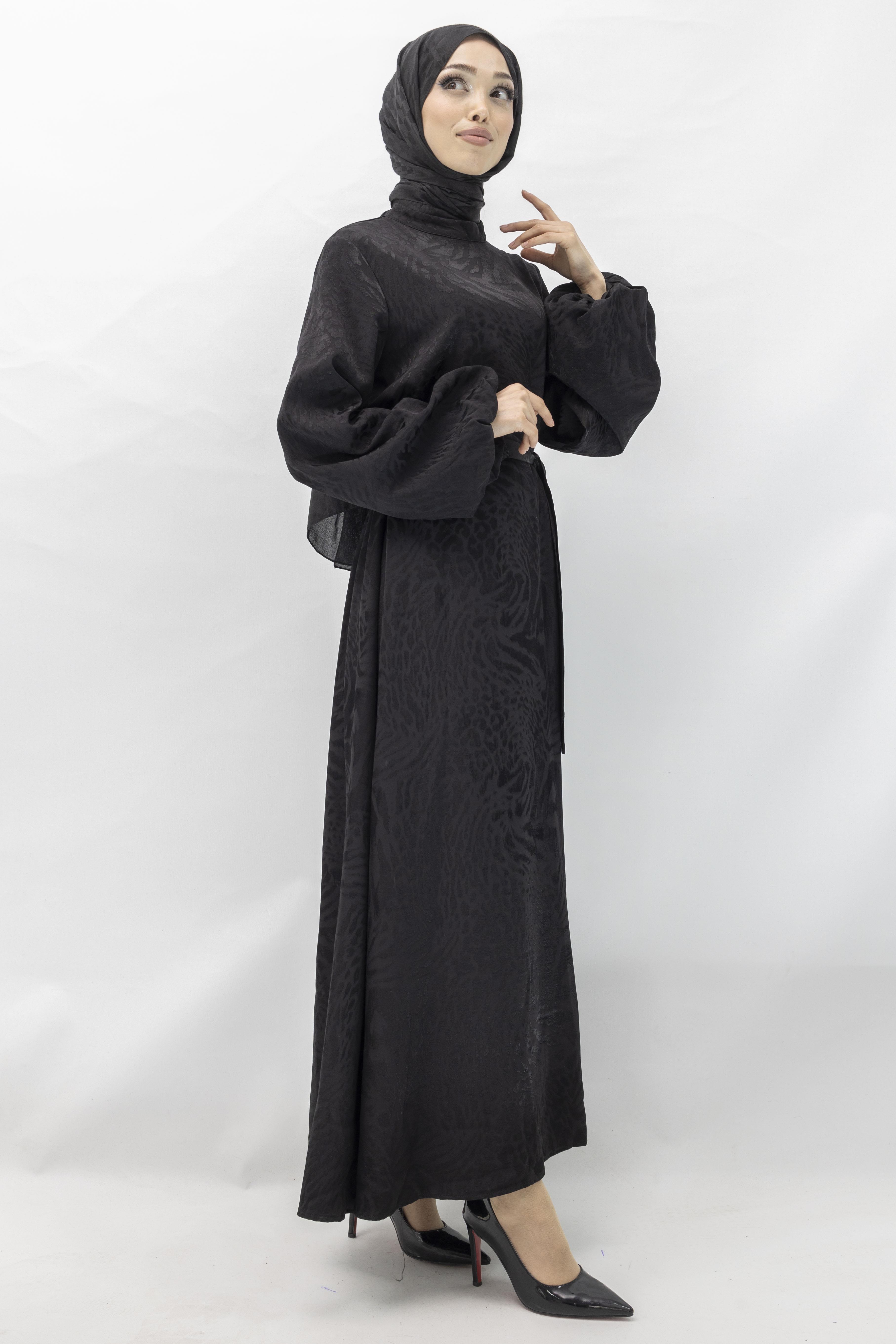 Astarlı Balon Kol Jakar Elbise Siyah OTW13145