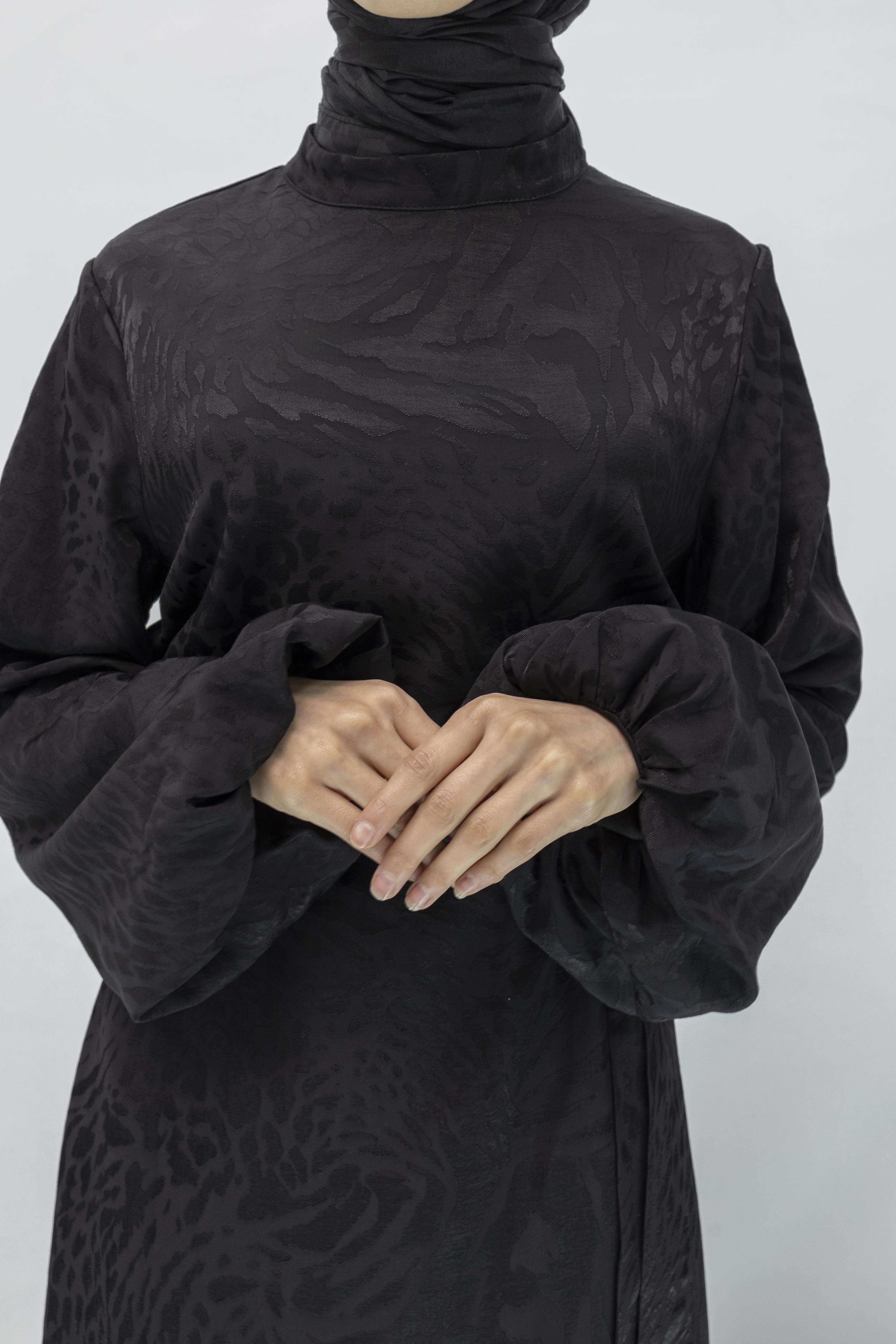 Astarlı Balon Kol Jakar Elbise Siyah OTW13145