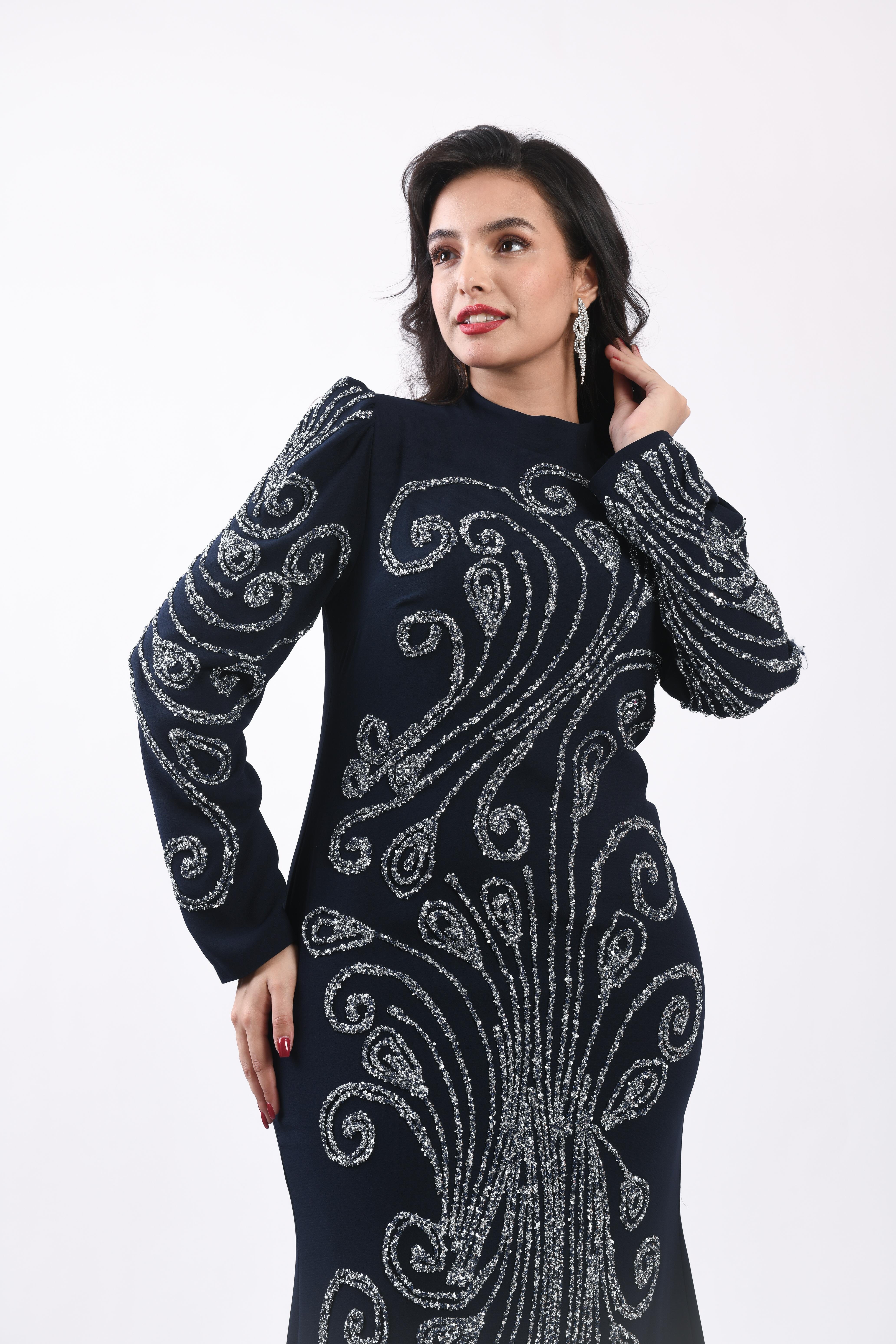Balık Form Spiral Taşlı Uzun Abiye Lacivert OTW3149