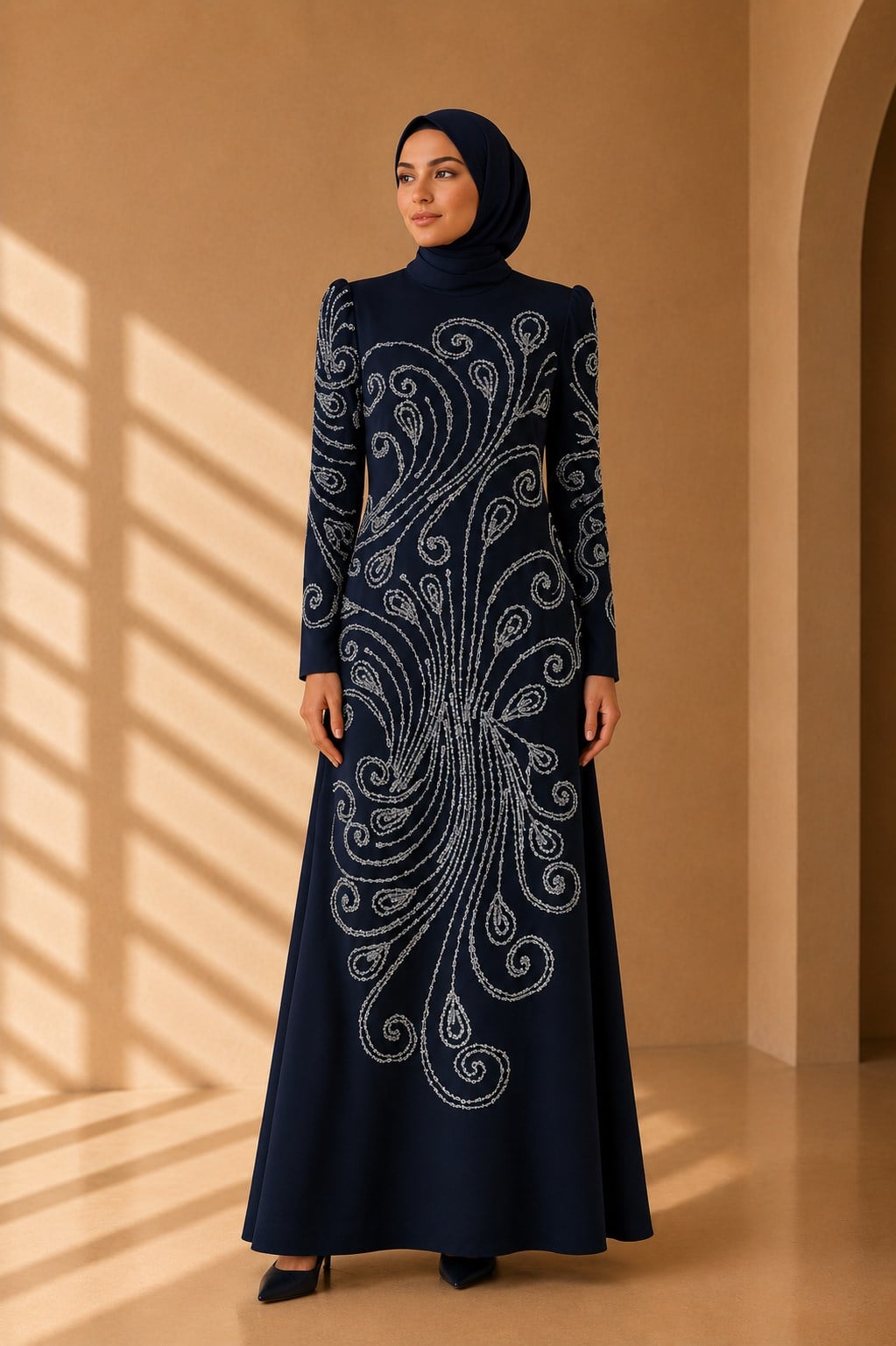 Balık Form Spiral Taşlı Uzun Abiye Lacivert OTW3149