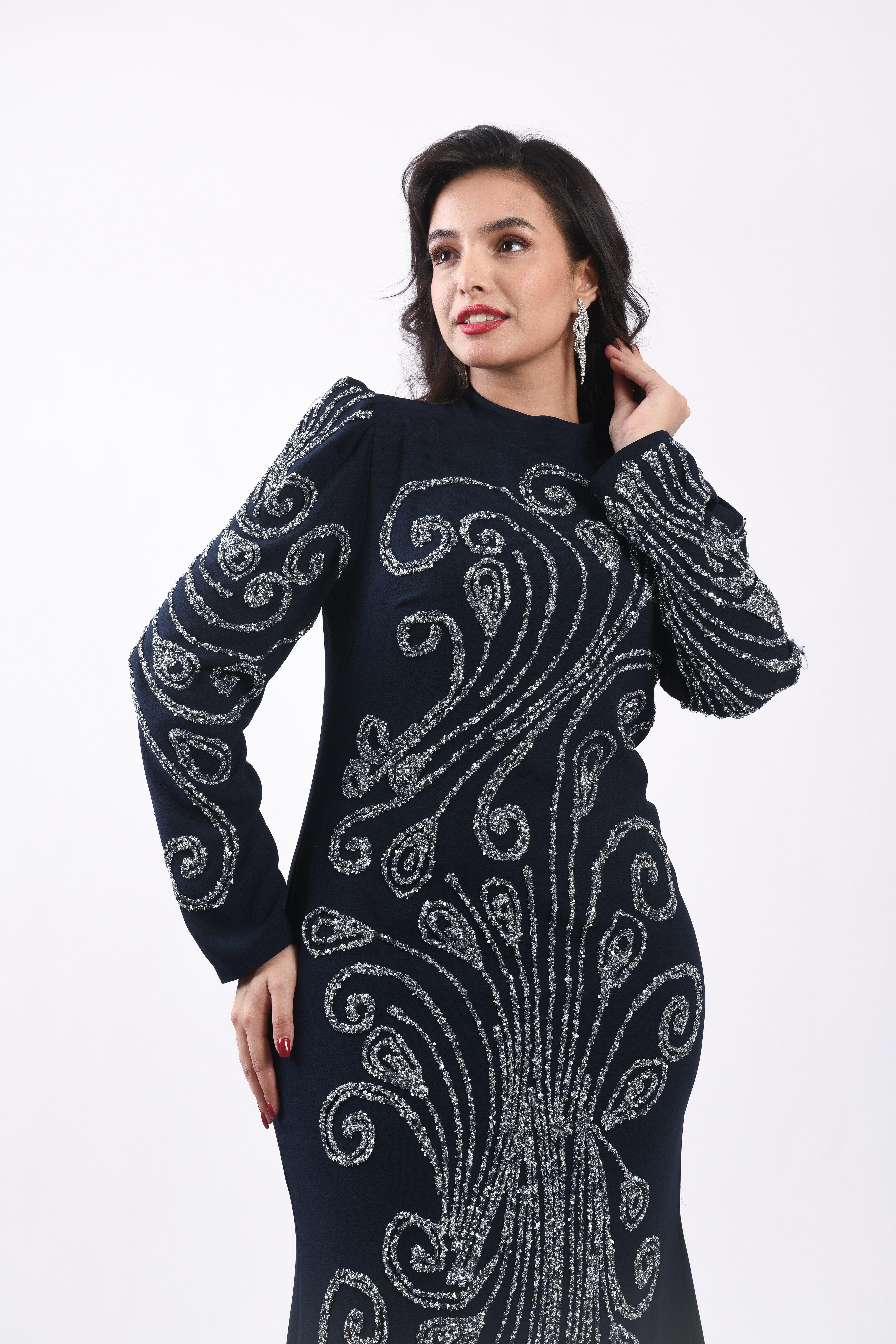 Balık Form Spiral Taşlı Uzun Abiye Lacivert OTW3149