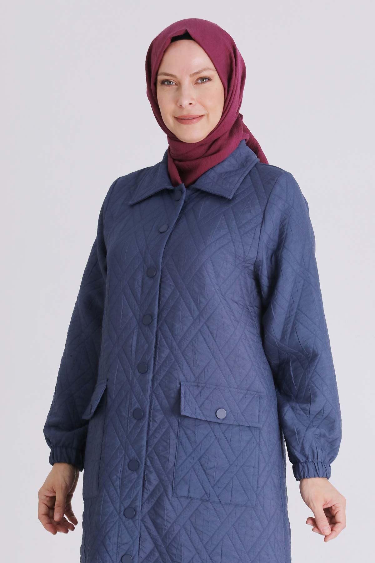 Behrem Baklava Desenli Kapitone Büyük Beden Kapitone Kap İndigo OTW2549