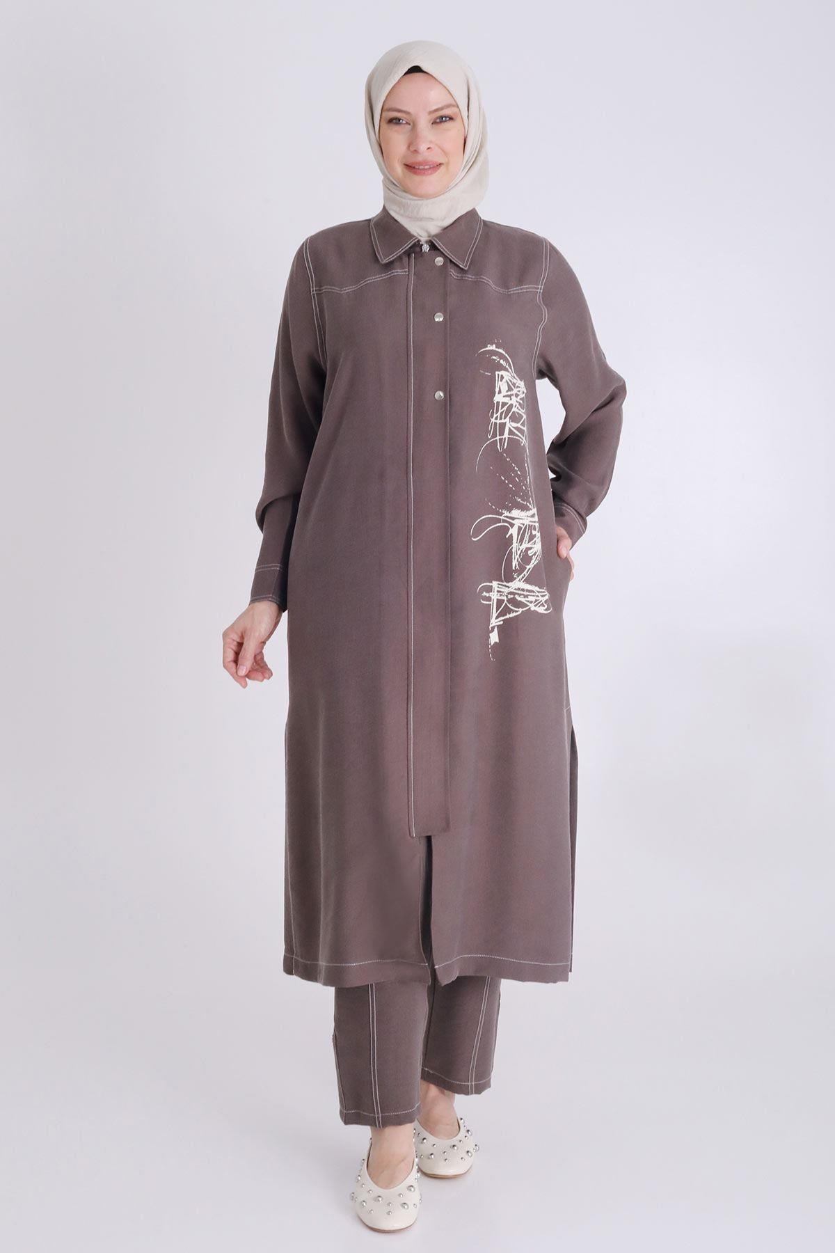 Behrem Büyük Beden Baskılı Pantolonlu Takım Kahve OTW35130