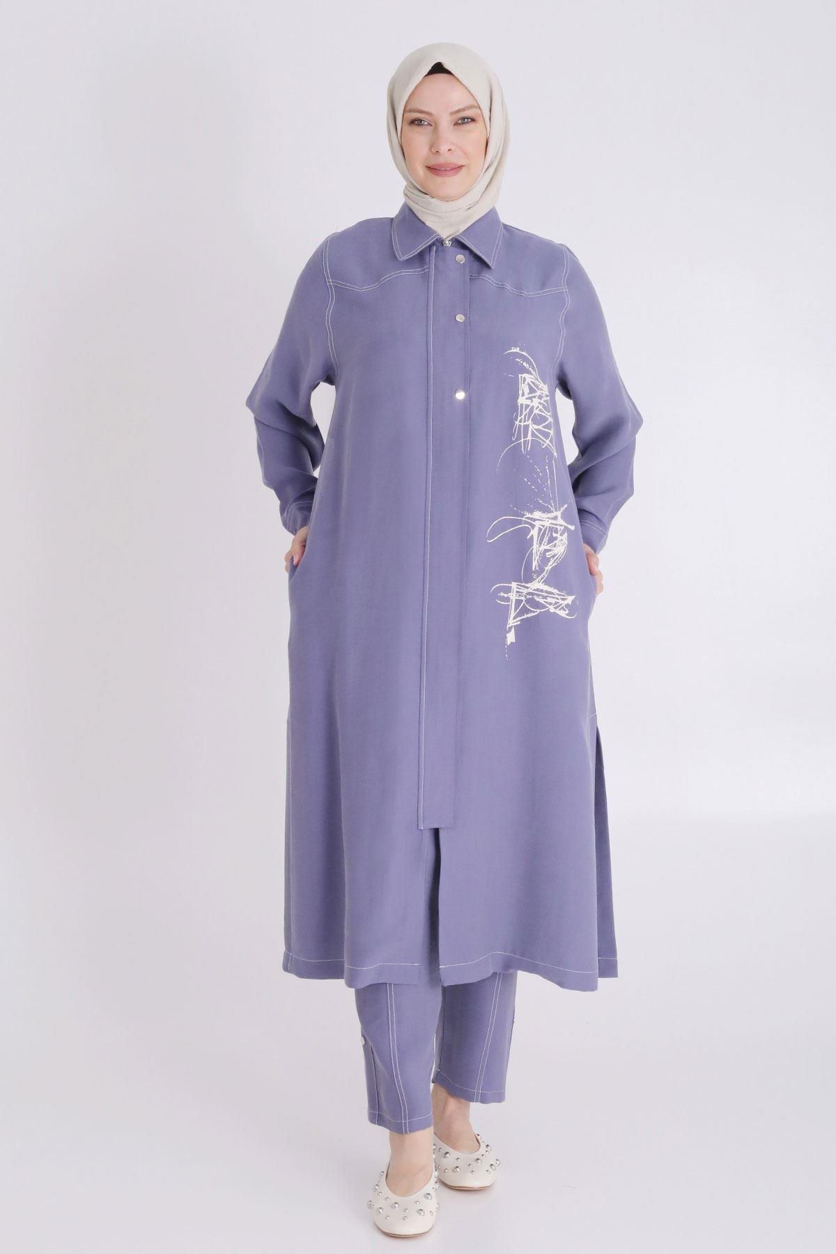 Behrem Büyük Beden Baskılı Pantolonlu Takım İndigo OTW35130