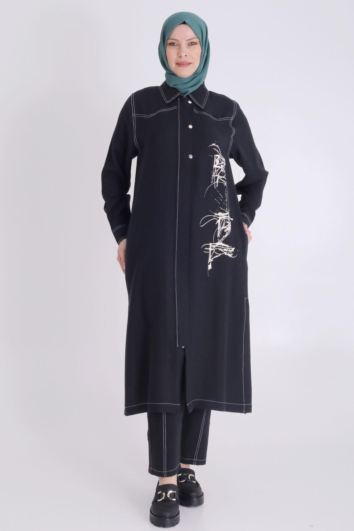 Behrem Büyük Beden Baskılı Pantolonlu Takım Siyah OTW35130