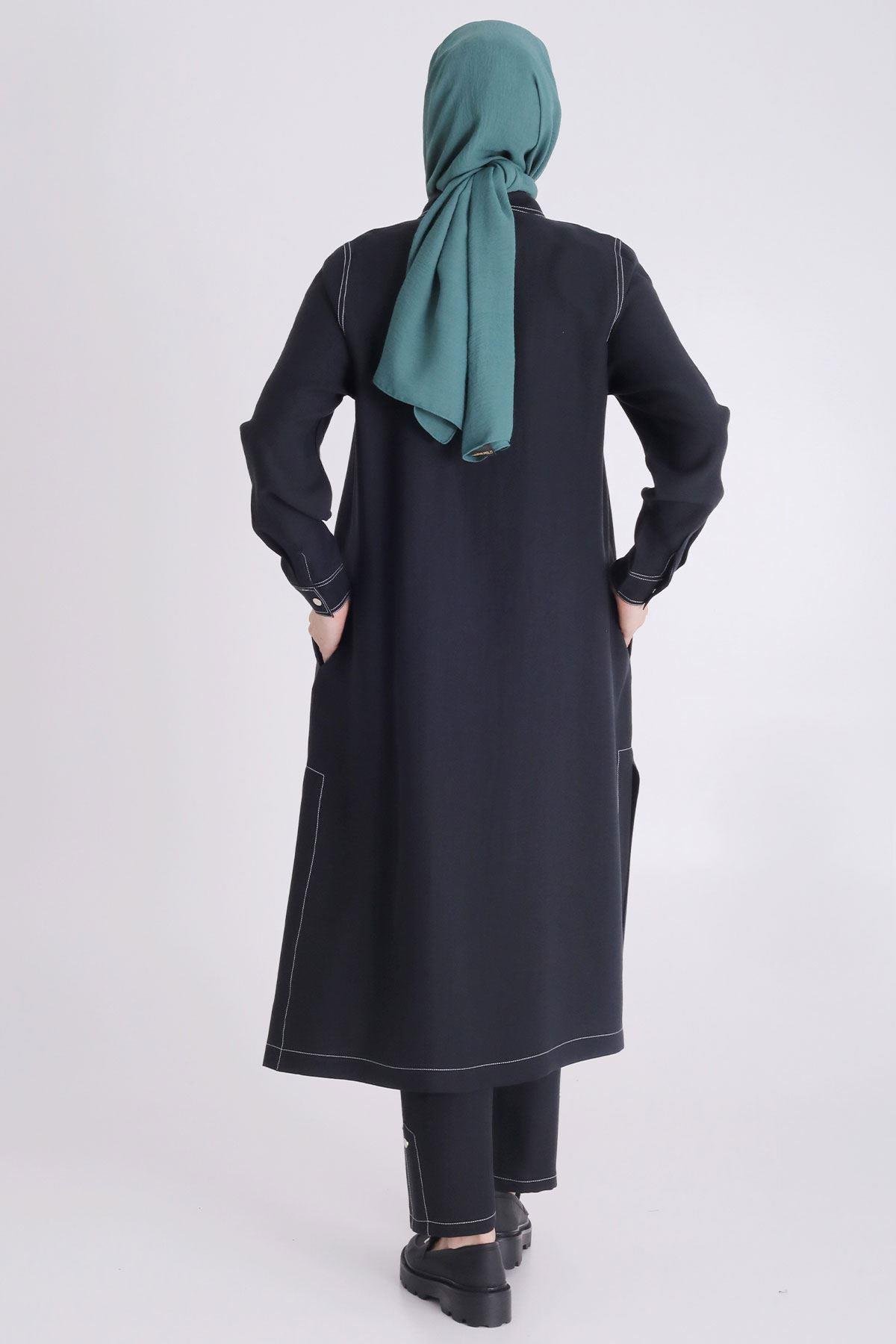 Behrem Büyük Beden Baskılı Pantolonlu Takım Siyah OTW35130