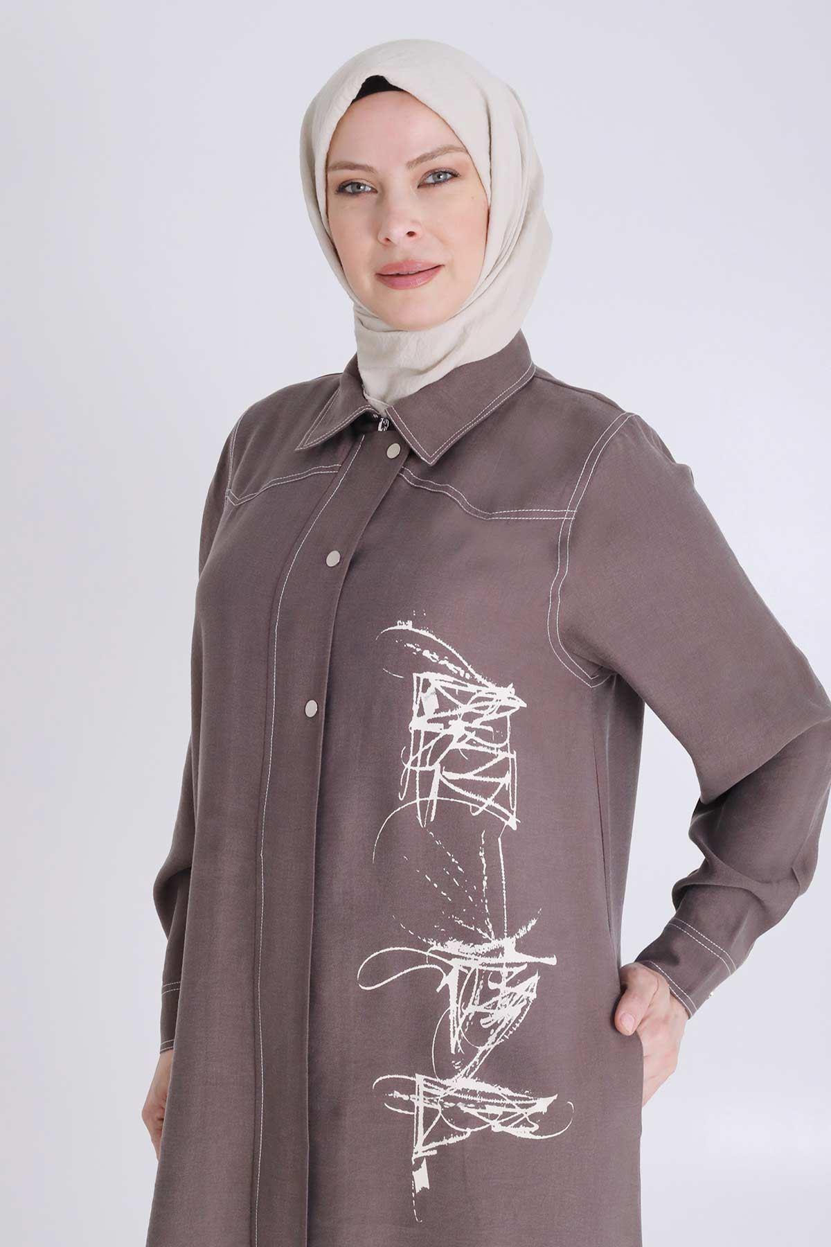 Behrem Büyük Beden Baskılı Pantolonlu Takım Kahve OTW35130