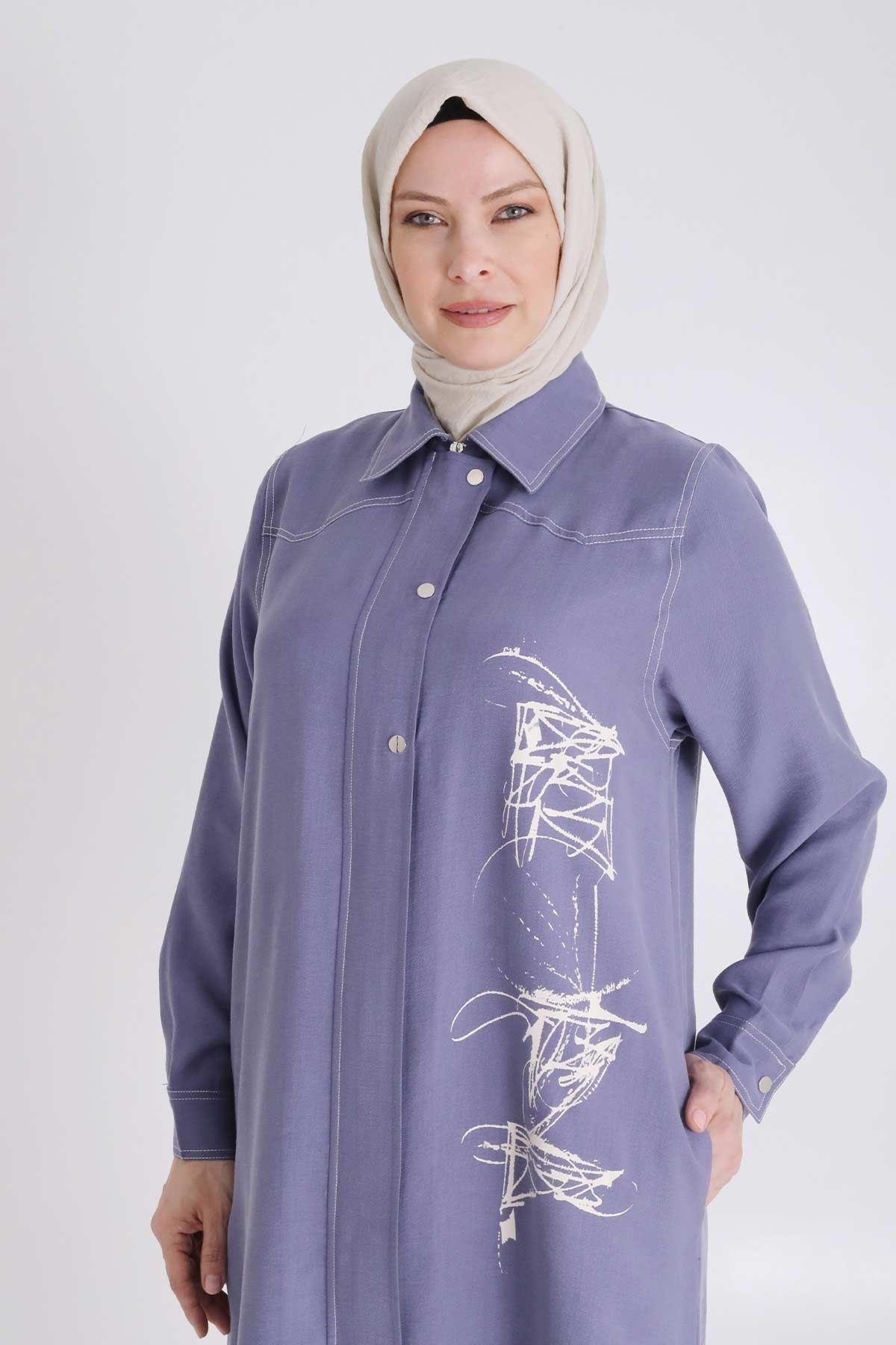 Behrem Büyük Beden Baskılı Pantolonlu Takım İndigo OTW35130