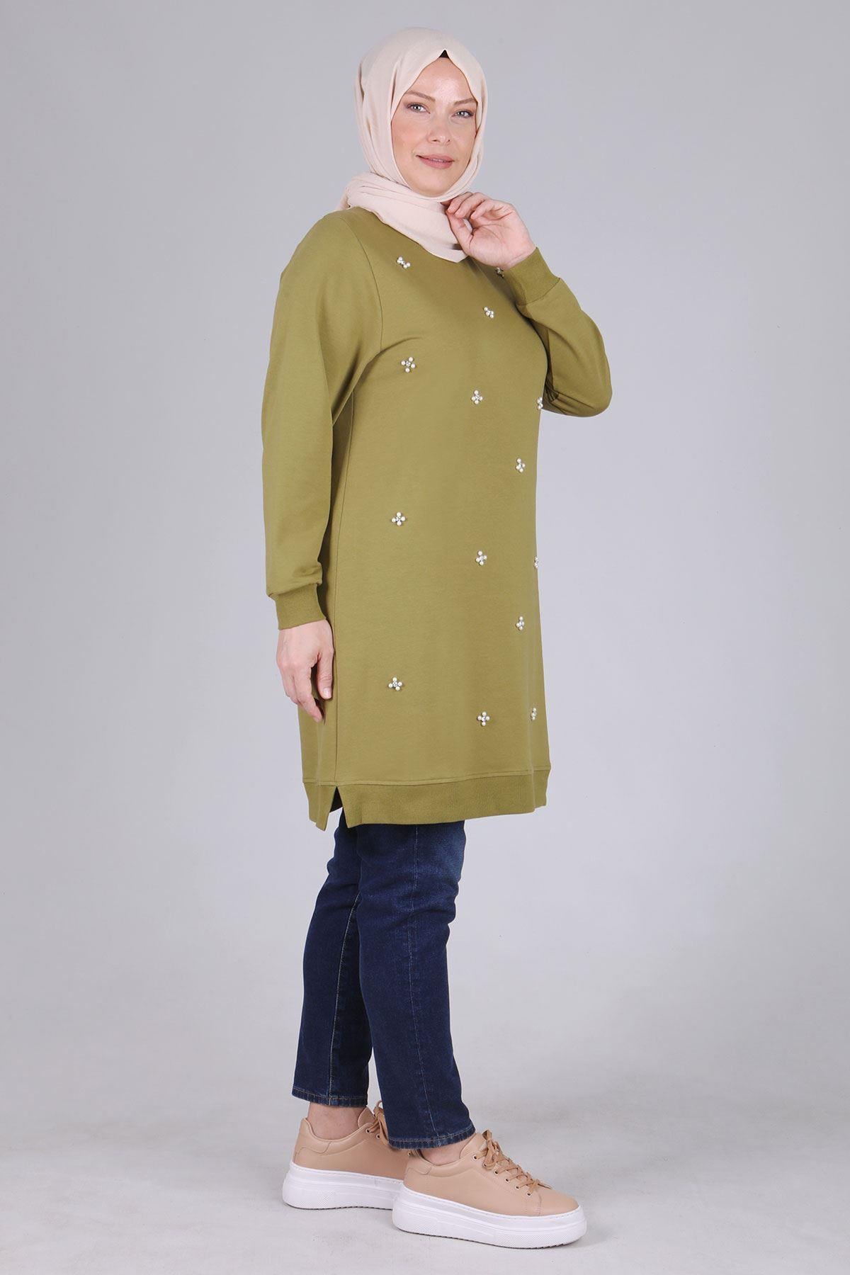 Behrem Büyük Beden İncili Tunik Olive OTW2041