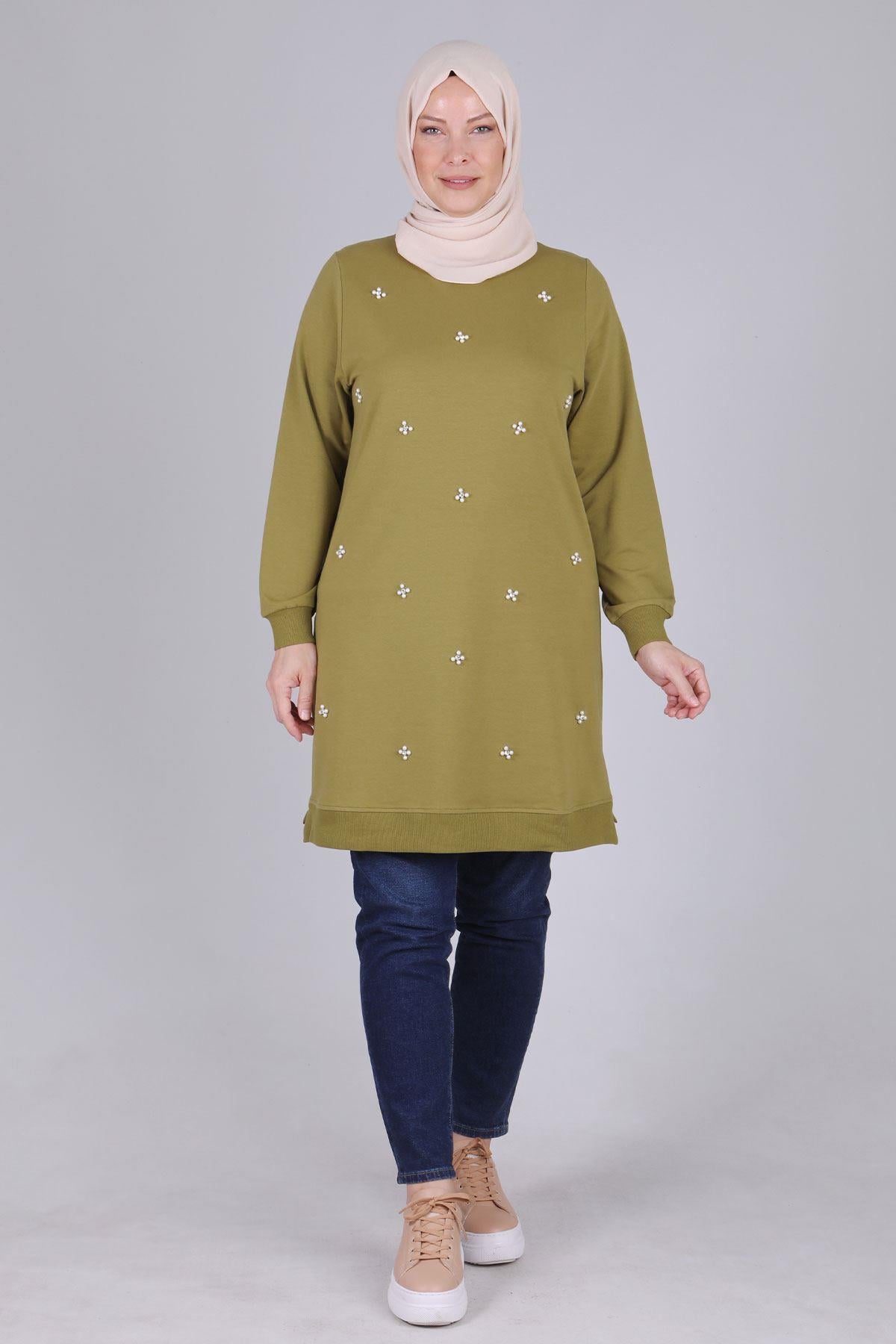 Behrem Büyük Beden İncili Tunik Olive OTW2041