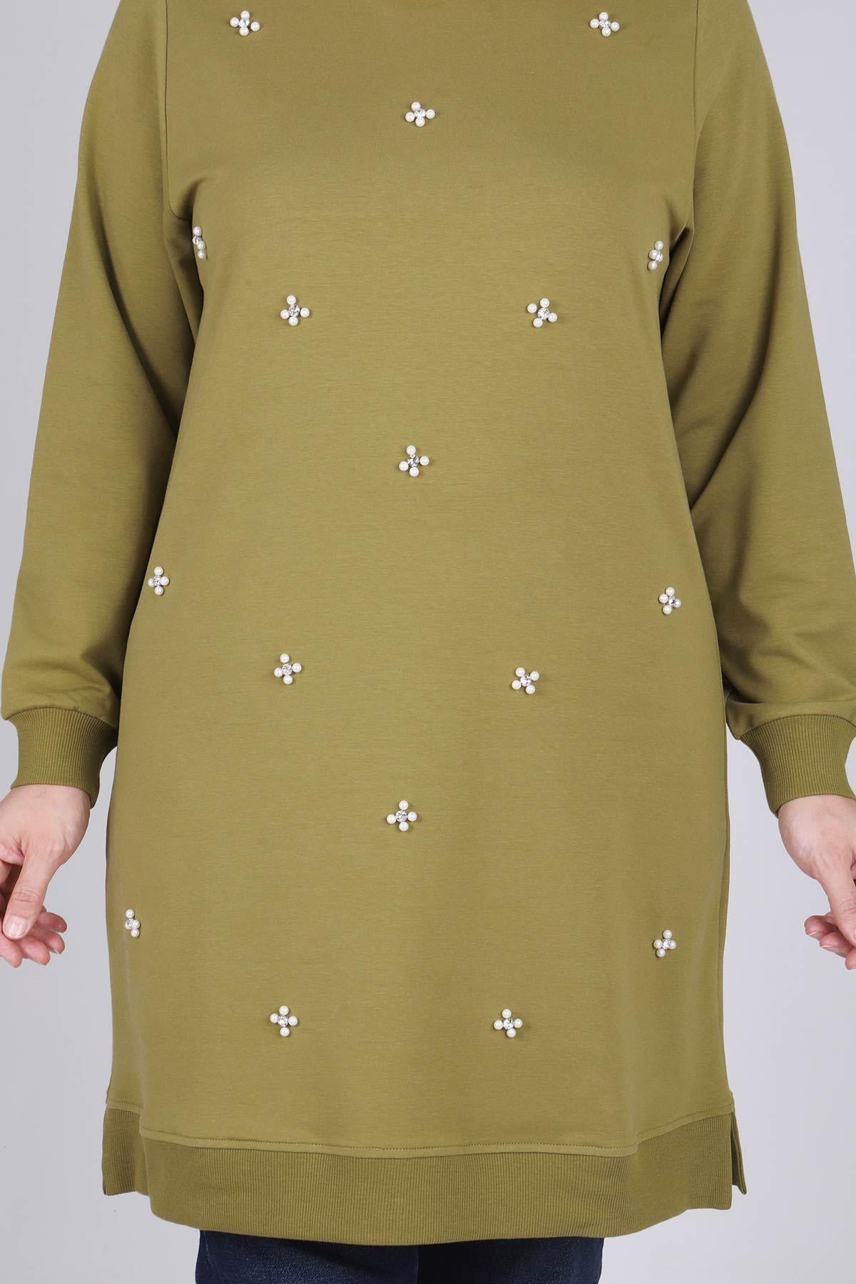 Behrem Büyük Beden İncili Tunik Olive OTW2041