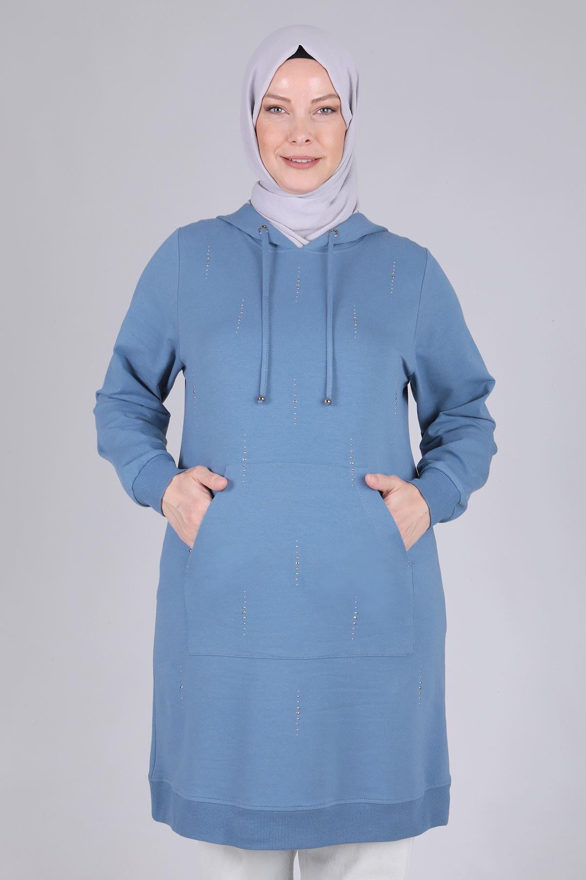 Behrem Büyük Beden Kapüşonlu Tunik Duman Mavi OTW2042