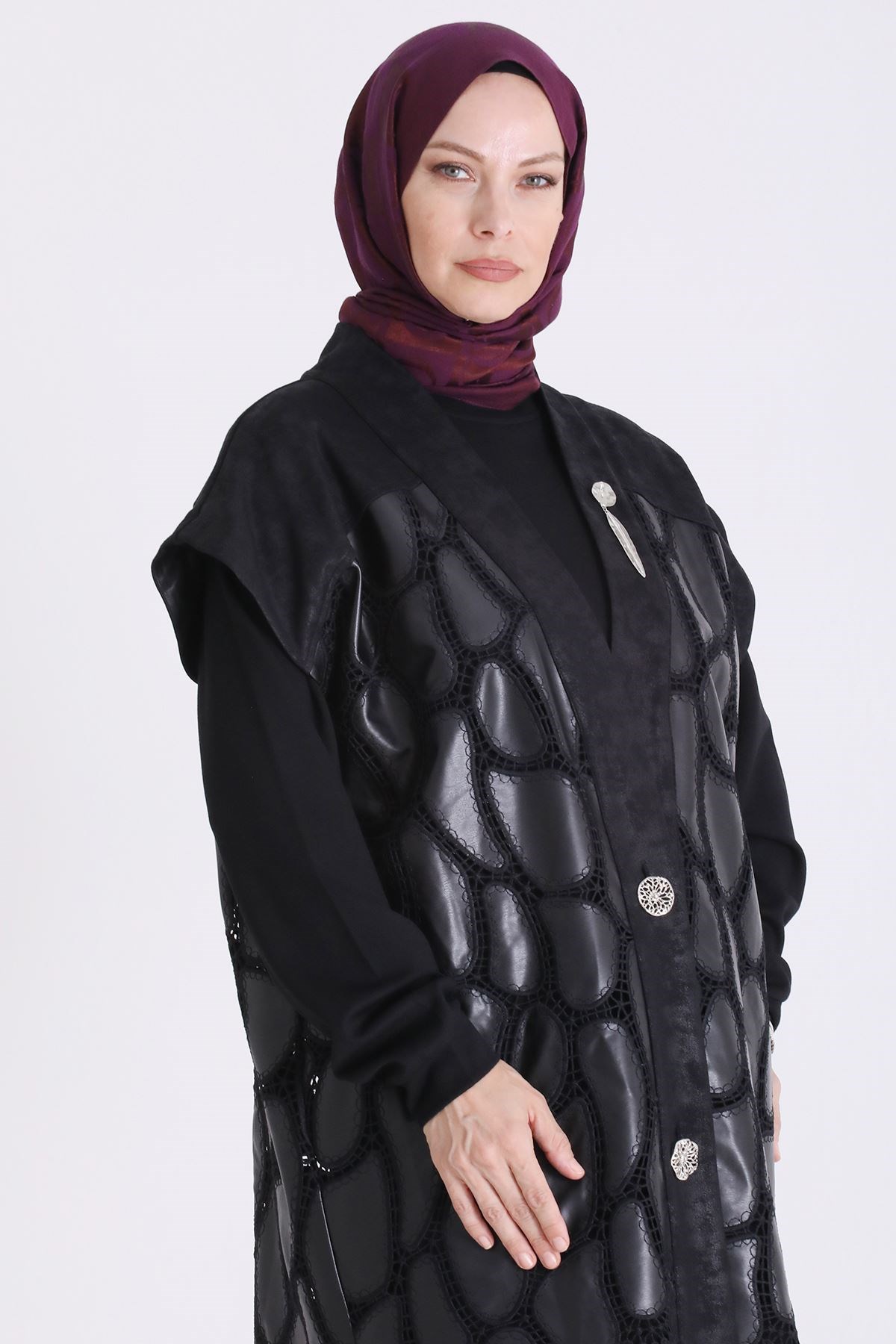 Behrem Büyük Beden Tesettür Pantolonlu Üçlü Takım Siyah OTW70023