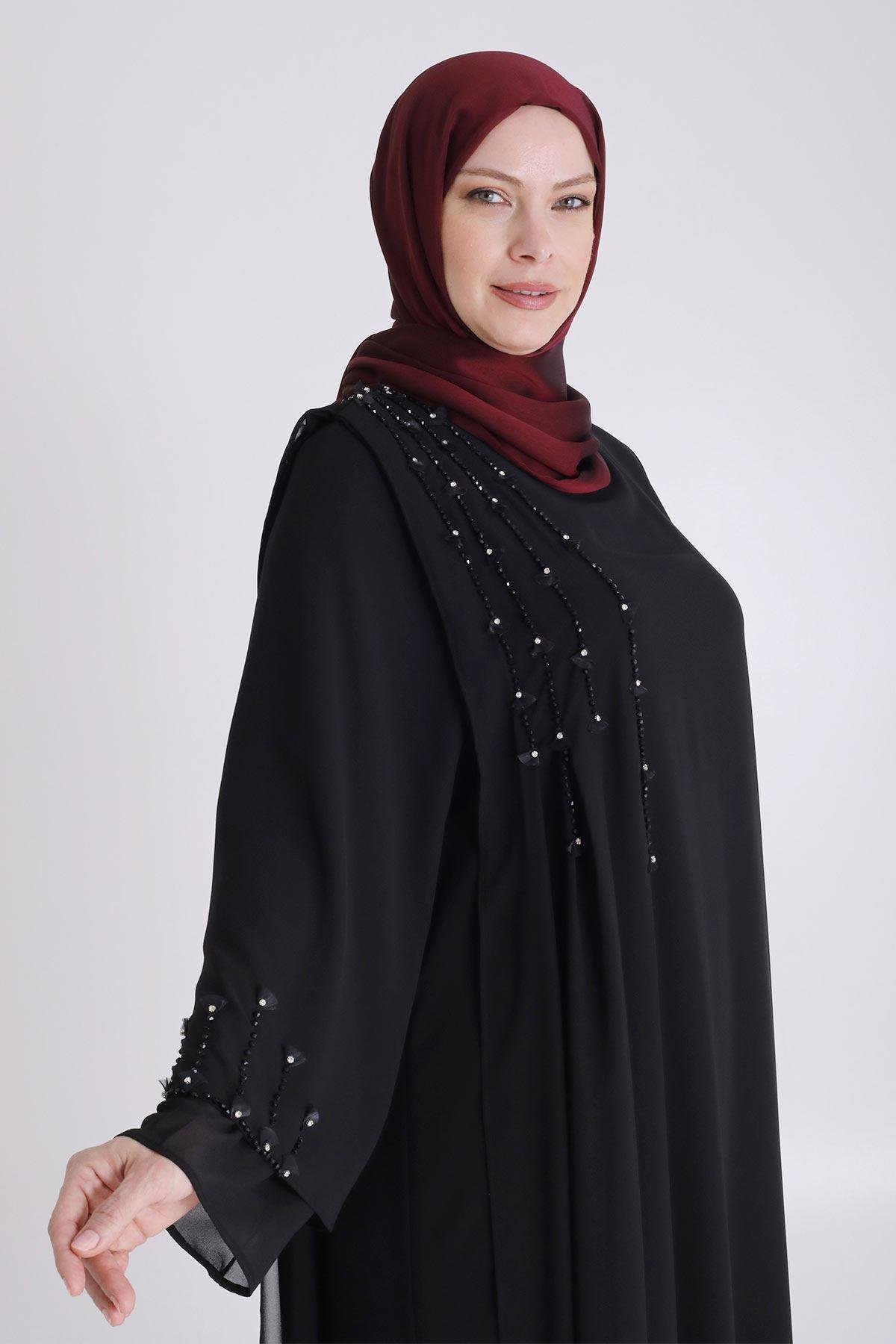 Behrem Büyük Beden Tesettür Şifon Kaplama Abiye Elbise Siyah OTW50026