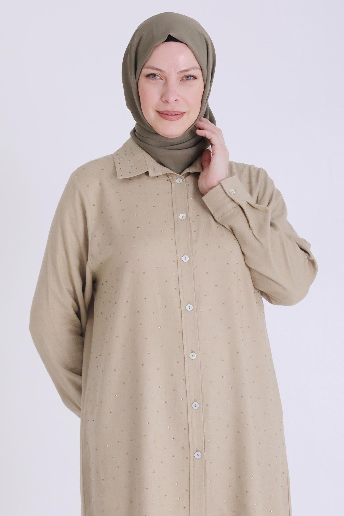 BEHREM BÜYÜK BEDEN TESETTÜR TAŞLI TUNİK Camel OTW23033